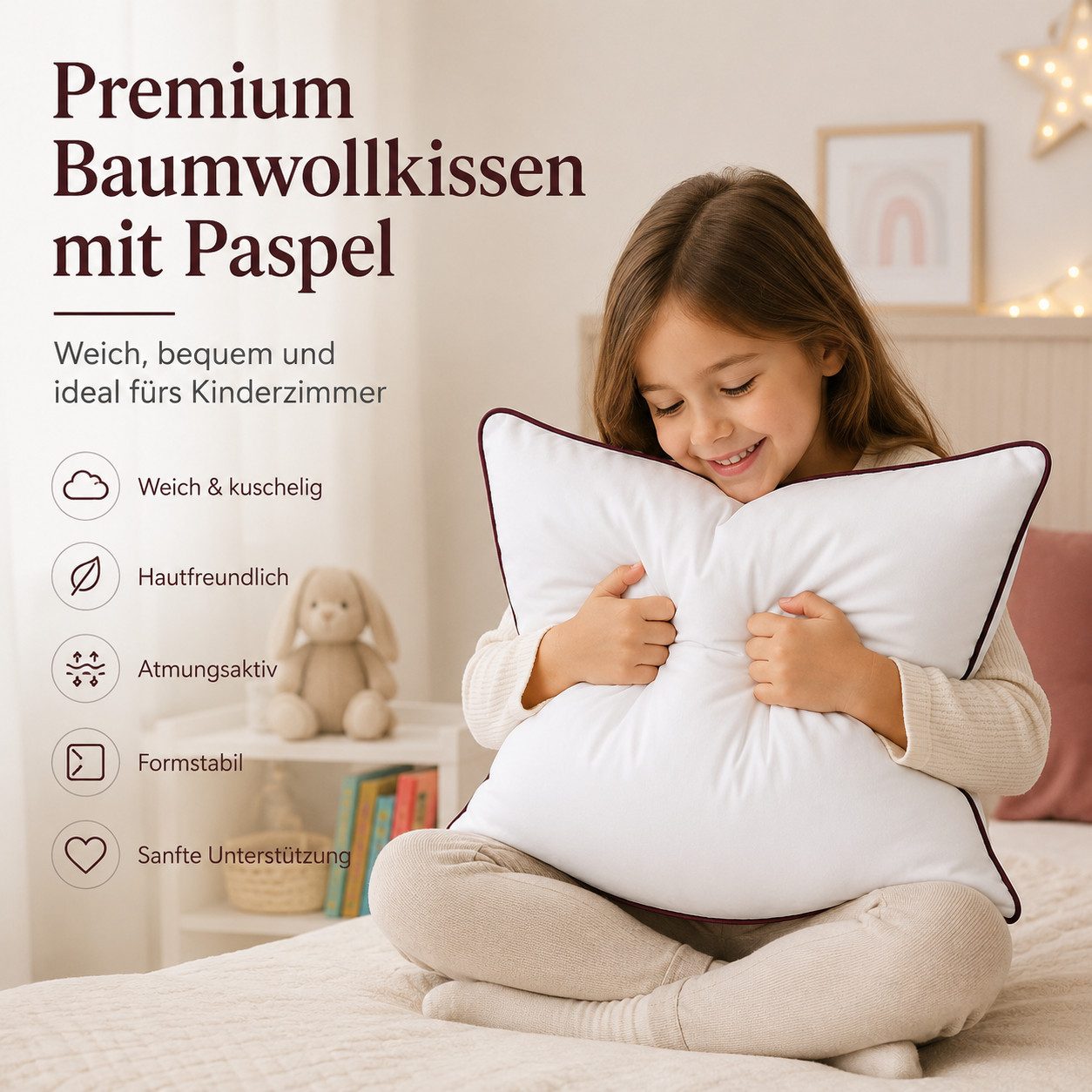 NEXGEN Luxus Baumwollkissen Baumwollkissen mit Biese, Hotelqualität, hergestellt in Deutschland, Füllung: Premium-Füllwatte, Bezug: Baumwolle, Seitenschläfer, B – Bild 5 von 5