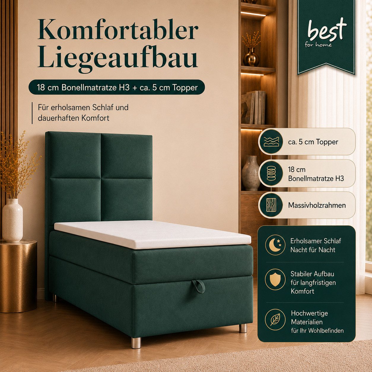 Best for Home Boxspringbett Trinity K-2 mit Bettkasten & Topper – Komfort & Stauraum (Einzelbett, Hotelbett, Polsterbett gepolstertes Kopfteil, Jugendbett, Kinderbett versch. Größen, 1-St., 70x200 80x200 90x200 100x200 cm), Einzel-Boxspringbett mit integriertem Stauraum, gepolstertem Kopfteil