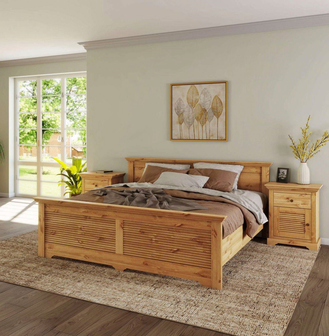 OTTO home Bett Rauna, Landhausstil, edles Design mit Lamellen und Kassetten, 2 Farben (Breite/Belastbarkeit 180cm=220 KG, 90cm=120KG), FSC® zertifiziertes Kieferholz, massive Qualität mit Lattenrost