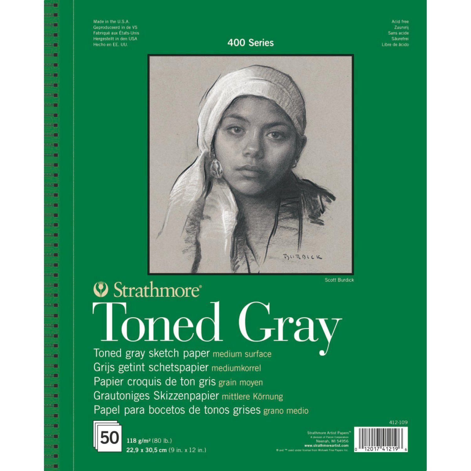Strathmore Artist Papers™ Skizzenblock Skizzenpapier Toned Gray Spiralblock 22,9 x 30,5 cm 118 g 50 Blatt, 400 Series Toned Sketch - Toned Gray