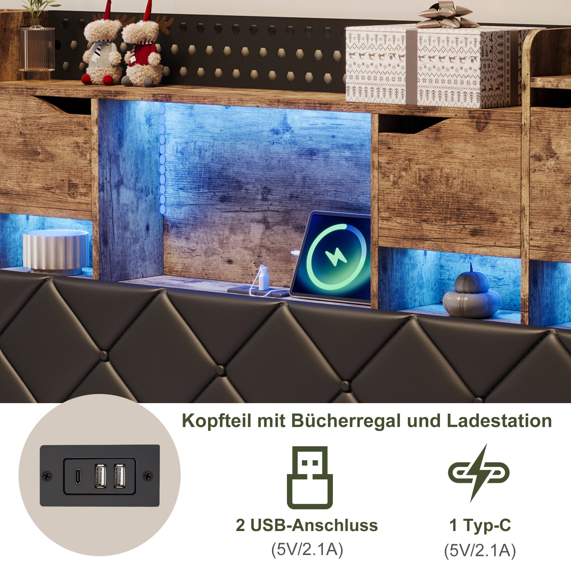 zebery Polsterbett Doppelbett mit LED-Beleuchtung und Ladestation, Jugendbett 140x200cm mit USB&Typ-C,Metallrahmen – Bild 5 von 5