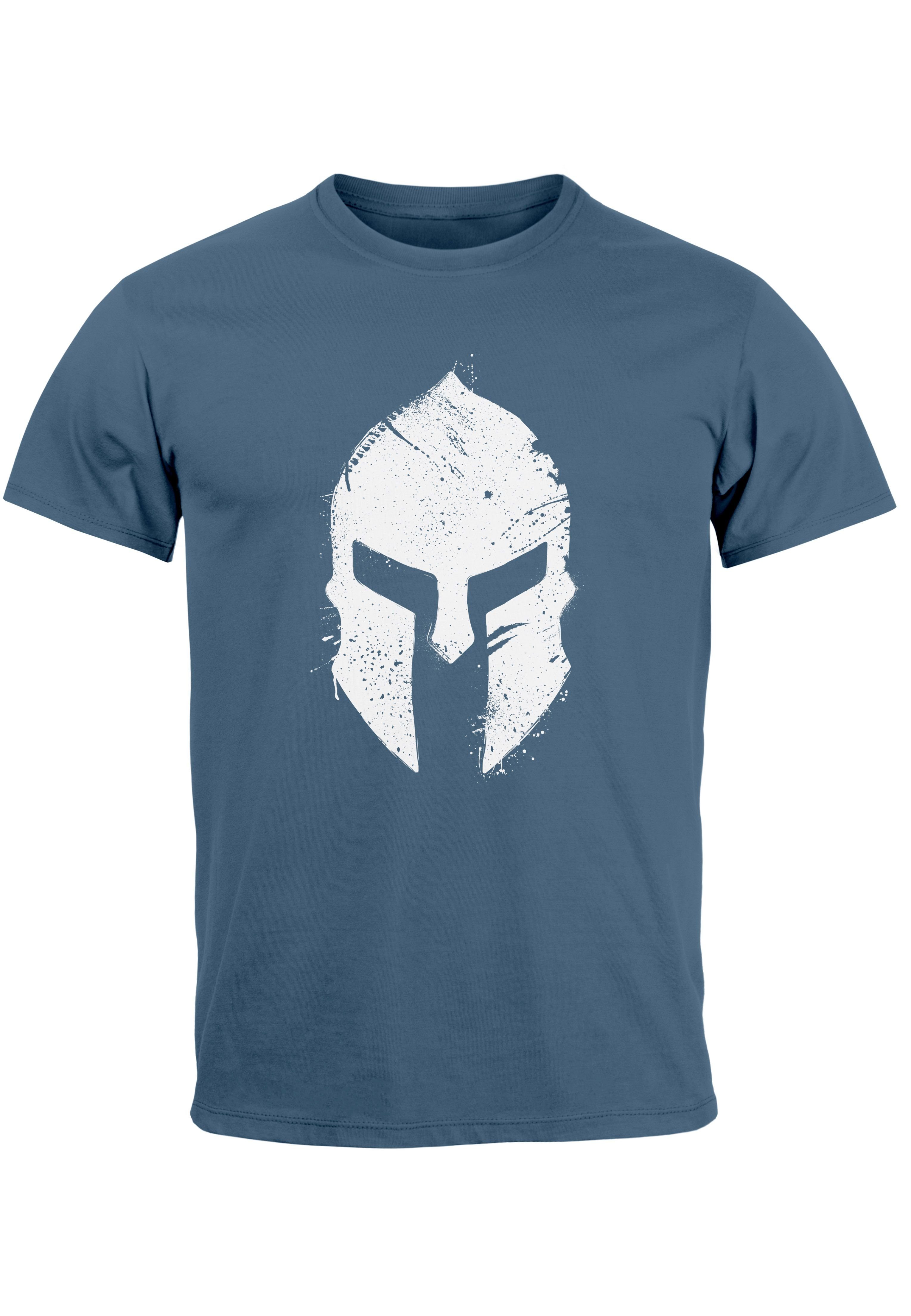 Neverless Print-Shirt Herren Krieger Warrior Print Sparta-Helm Aufdruck denim blue Gladiator T-Shirt Sp Print mit