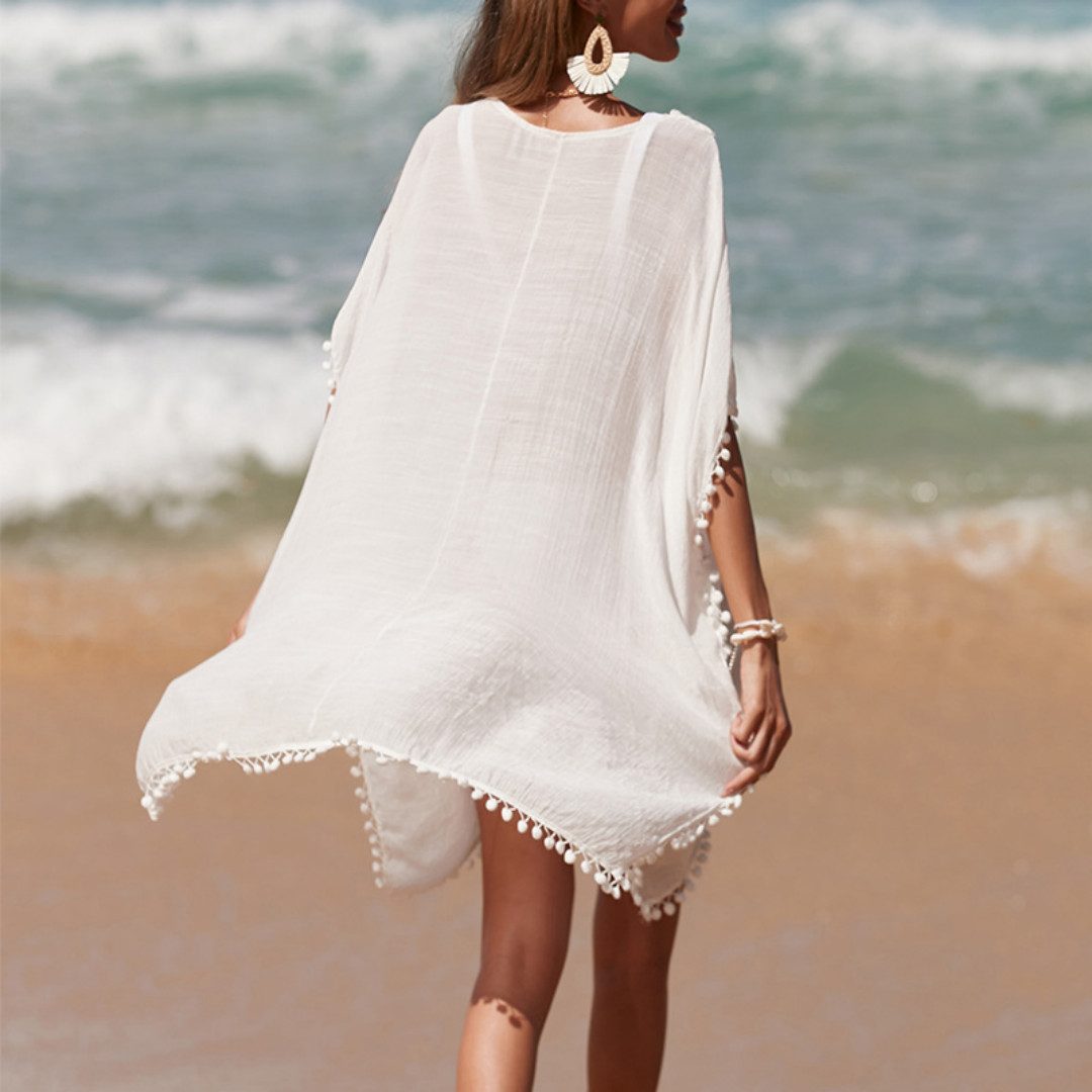 MOPUEA Blusenkleid Strandkleid, entspannter Komfort, Handkragen, Strandschutz (1-tlg) gehäkelte Strandkleid Sommer