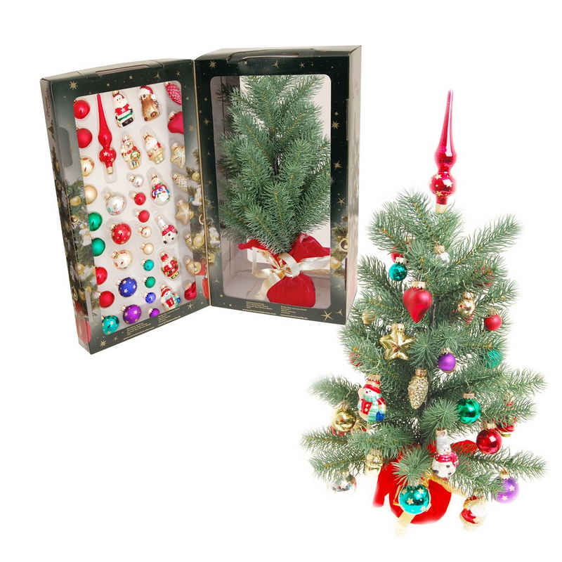 Krebs Glas Lauscha Christbaumschmuck Mini Weihnachtsbaum 45cm - mit Kugeln, Figuren und Spitze - 50 Teile (40-tlg)