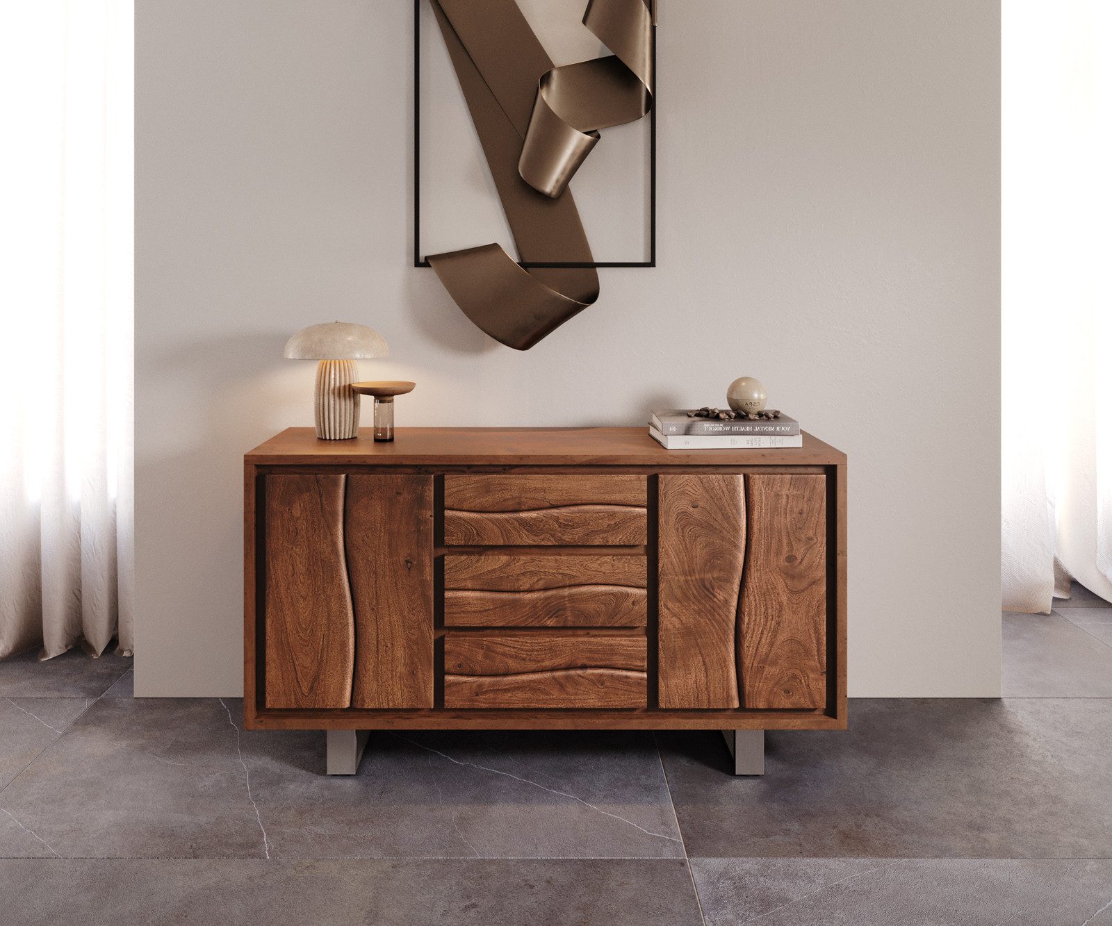 DELIFE Sideboard Live-Edge, Akazie Braun 147 cm 2 Türen 3 Schübe Baumkante Sideboard
