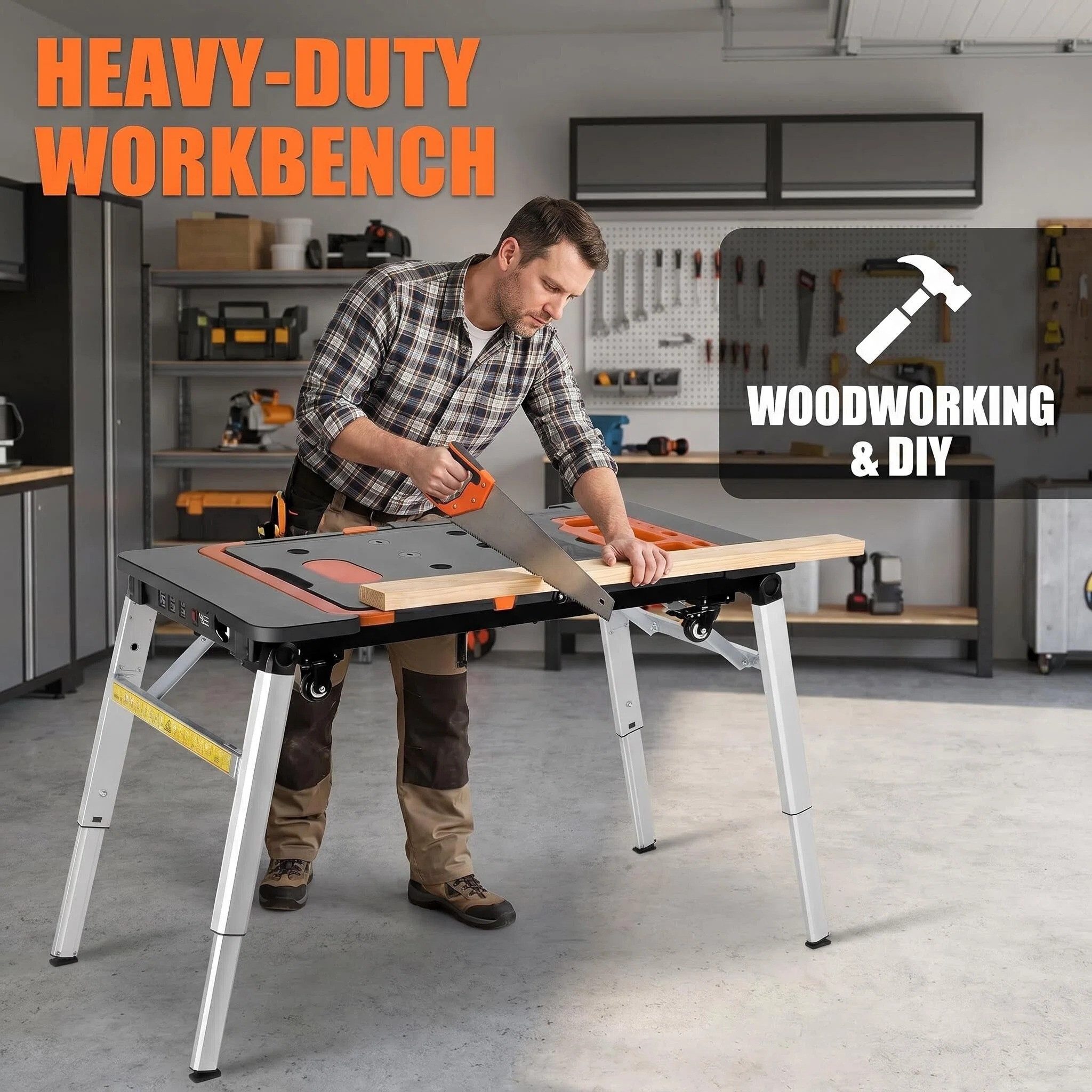 TLGREEN Werkbank für Haushalt DIY-Arbeitsplatz, Höhenverstellbar, (mit Integrierte Steckdose), 7-in-1 Tragbare Werkbank Klappbar, Arbeitstisch Mobile