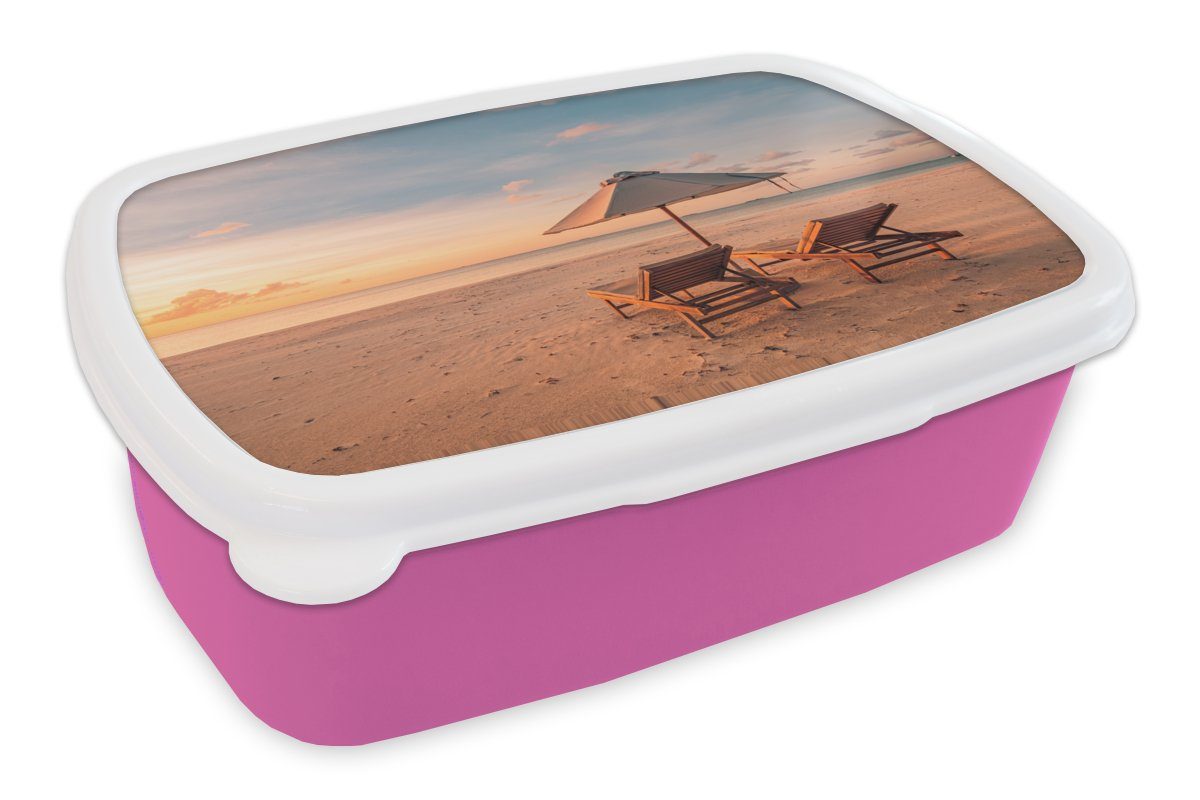 Kinder, (2-tlg), Brotbox Lunchbox rosa Kunststoff, Snackbox, Sonnenschirm, Kunststoff Mädchen, MuchoWow Strand Brotdose - für - Sonnenliege Erwachsene,