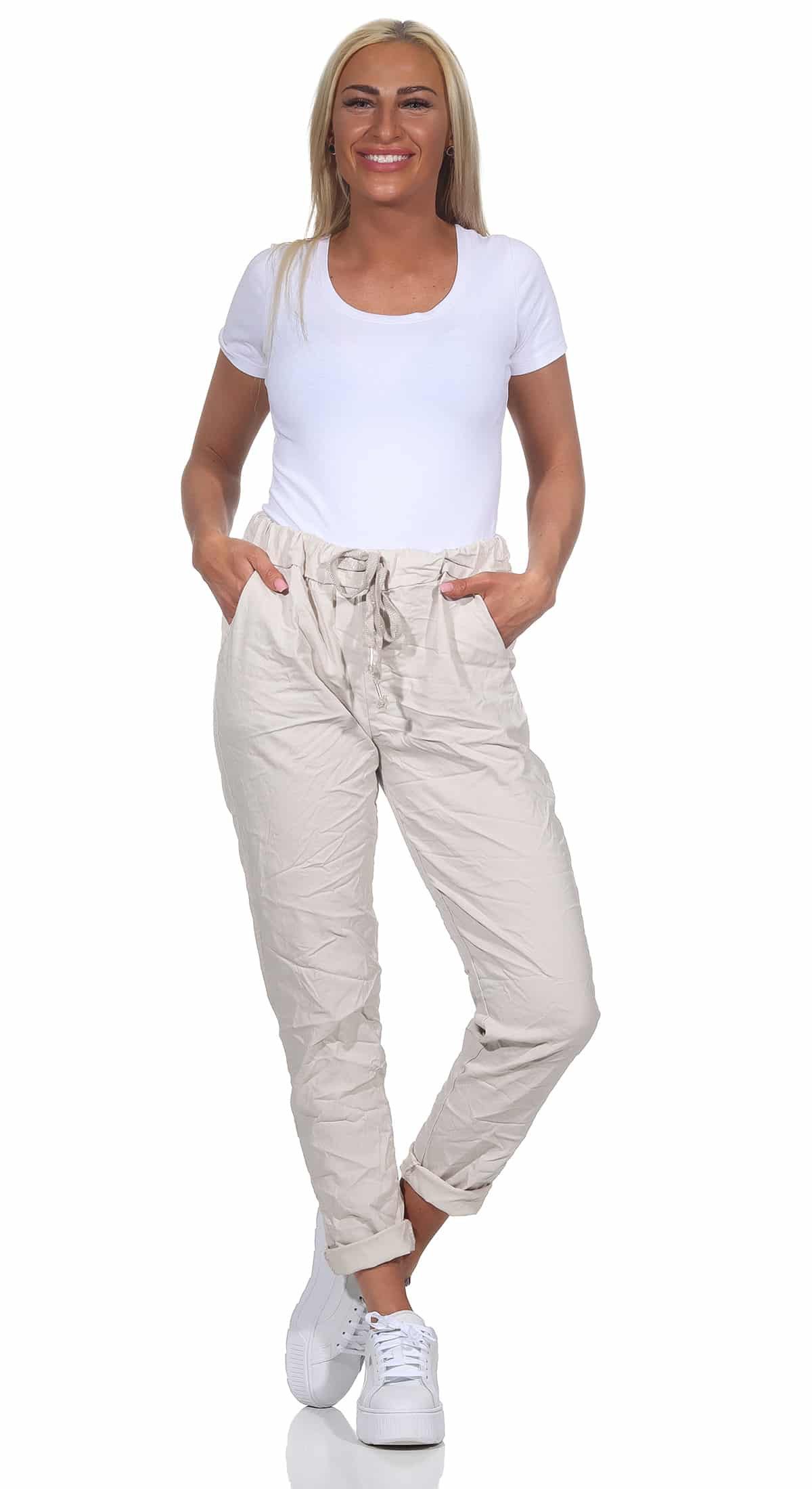 OriginalYou Schlupfhose Sommerhose Damen Chinohose leichte Schlupfhose moderner Knitterlook, elastischer Bund mit Kordelzug