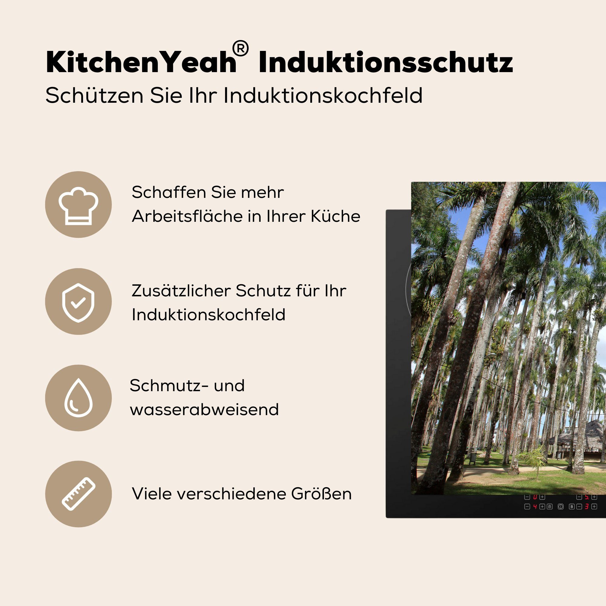MuchoWow Herdblende-/Abdeckplatte Palmen Garten 81x52 cm, küche, Schutz Vinyl, Paramaribo, in die Ceranfeldabdeckung (1 tlg), voller für Induktionskochfeld