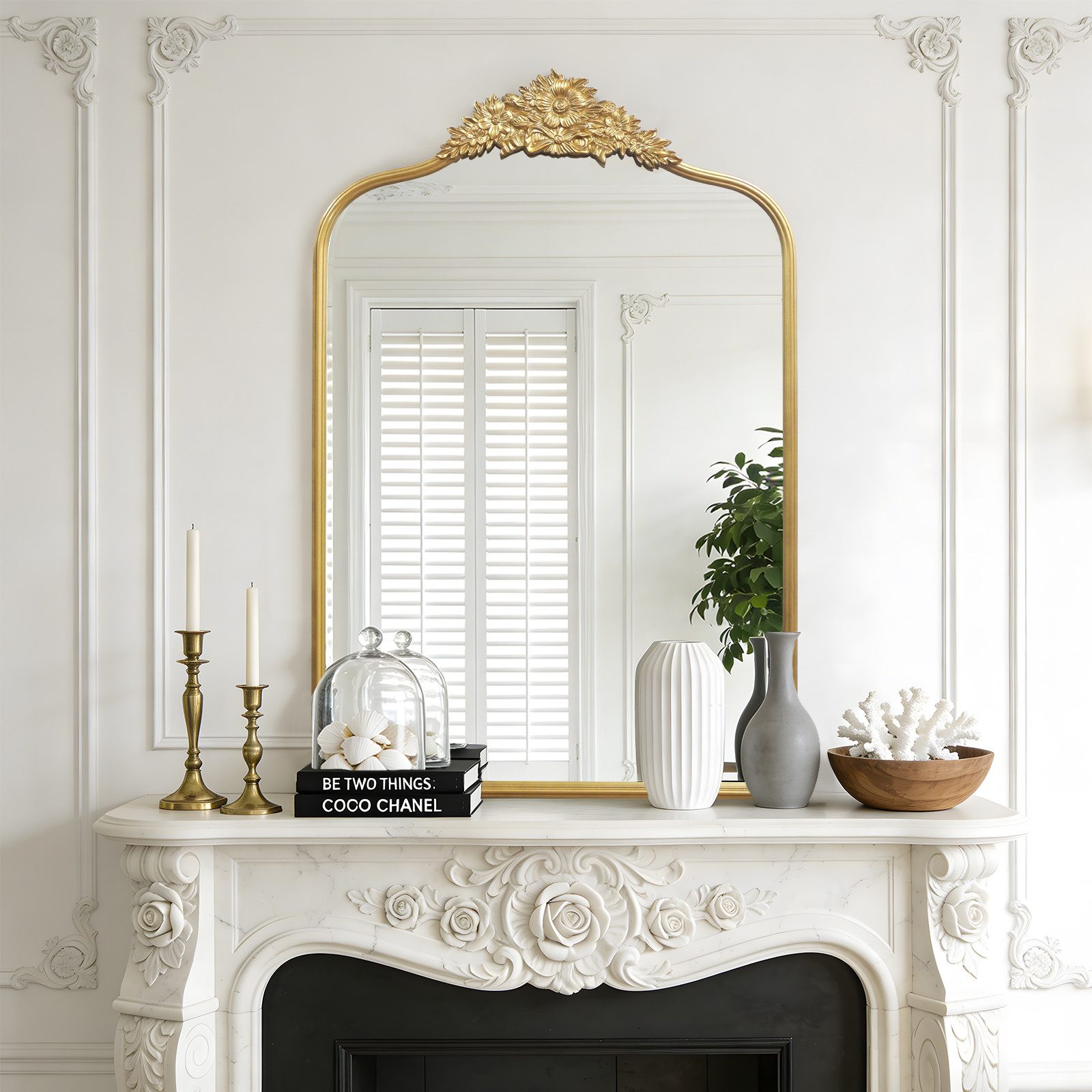 G-LEAF Ganzkörperspiegel Antiker Ganzkörperspiegel im Barockstil mit Perlenverzierung (1-St., G-LEAF), mit barocken Blumenornamenten, 90×60cm, Vintage-Gold
