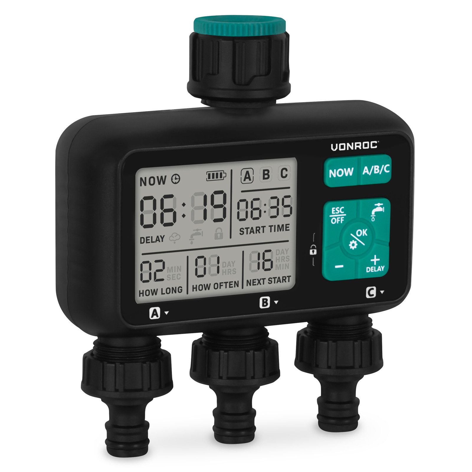 VONROC Bewässerungssteuerung - Wasser-Timer - Automatisches Bewässerungssystem – Breites, (einstellbares Intervall und Dauer: 1 Stunde), bis 15 Tage/1 Sekunde bis 99 Minuten – IPX5 wasserdicht