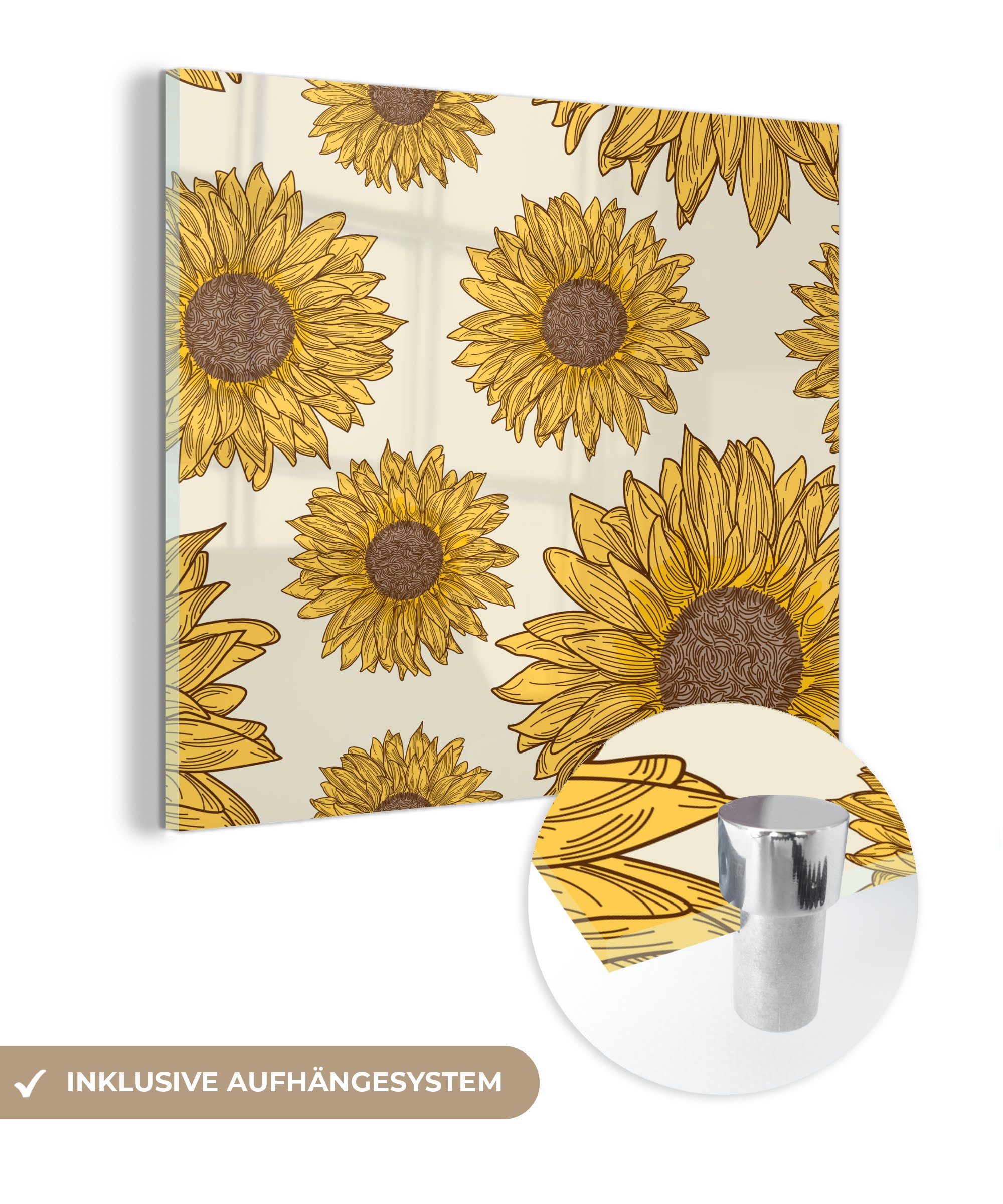 MuchoWow Acrylglasbild Illustriertes Muster von Sonnenblumen, (1 St), Glasbilder - Bilder auf Glas Wandbild - Foto auf Glas - Wanddekoration