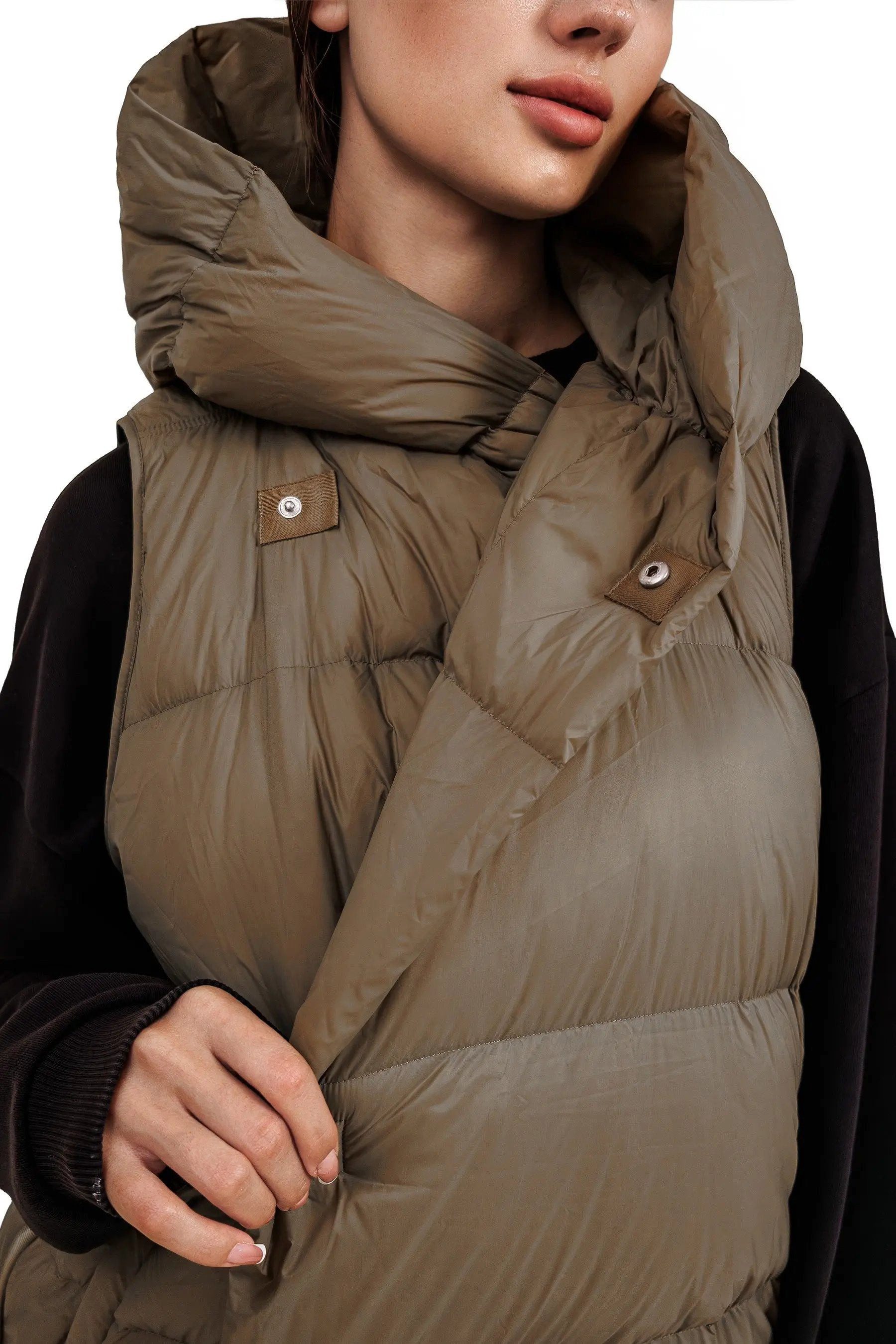 JNBY Daunenweste Damen lange Daunenweste mit Kapuze Frühlingsweste Schilf warm