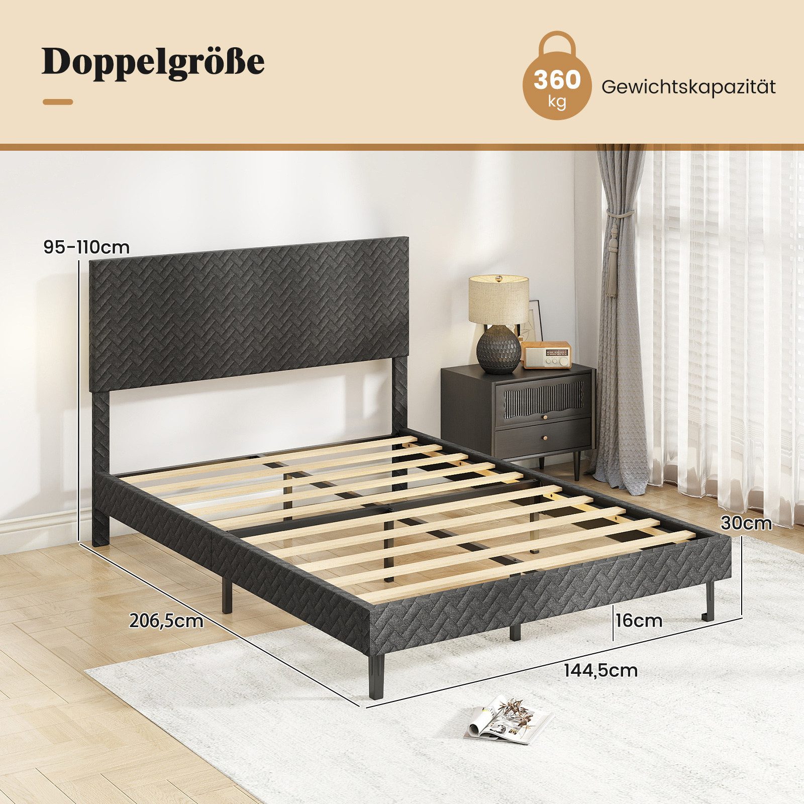 COSTWAY Polsterbett (1-tlg), Bettgestell, Bettrahmen mit Lattenrost, höhenverstellbarem Kopfteil