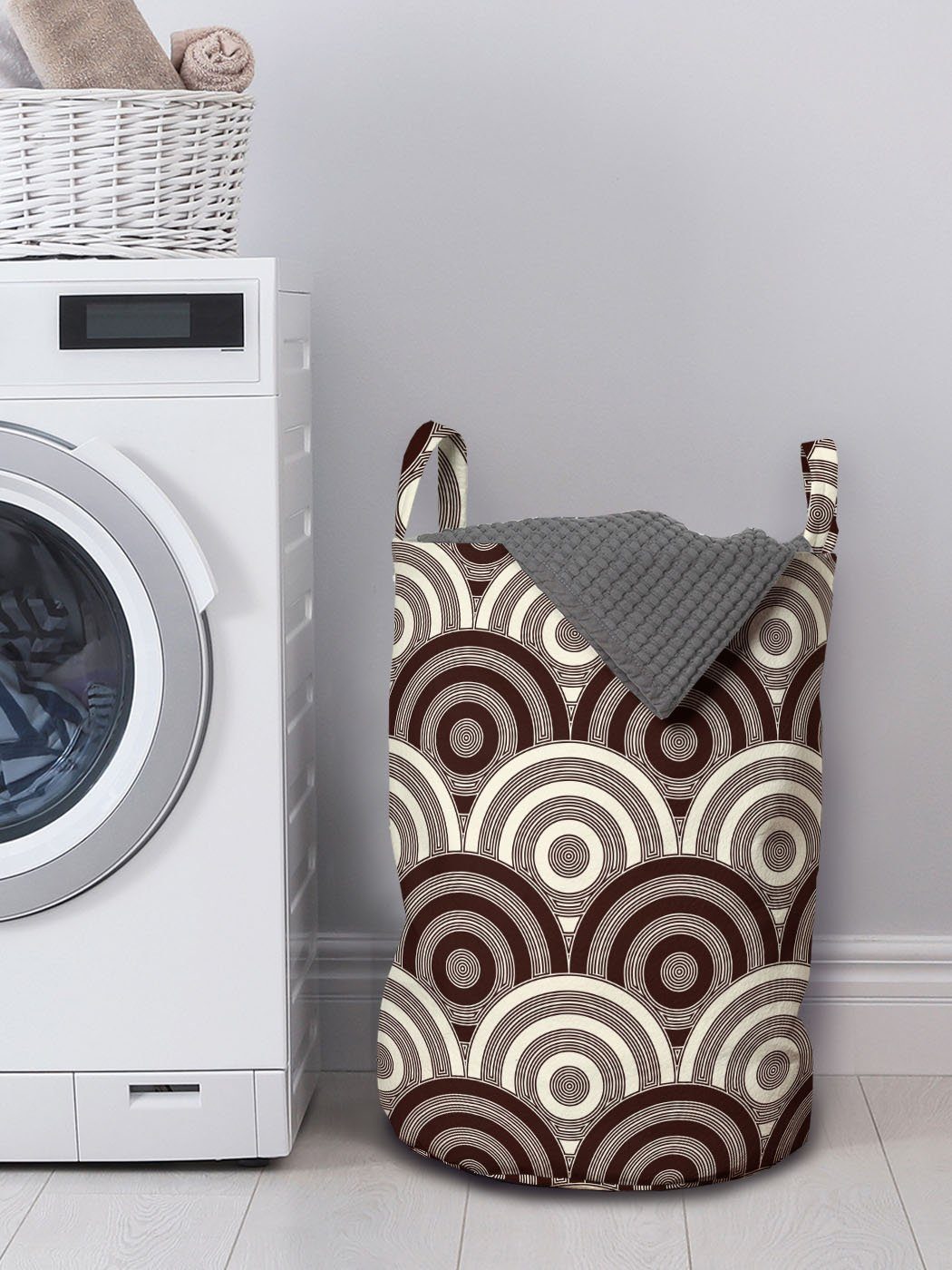 Wäschekorb Kreise mit Griffen für Gitter Erdfarben Abakuhaus Spiral Waschsalons, Kordelzugverschluss Wäschesäckchen