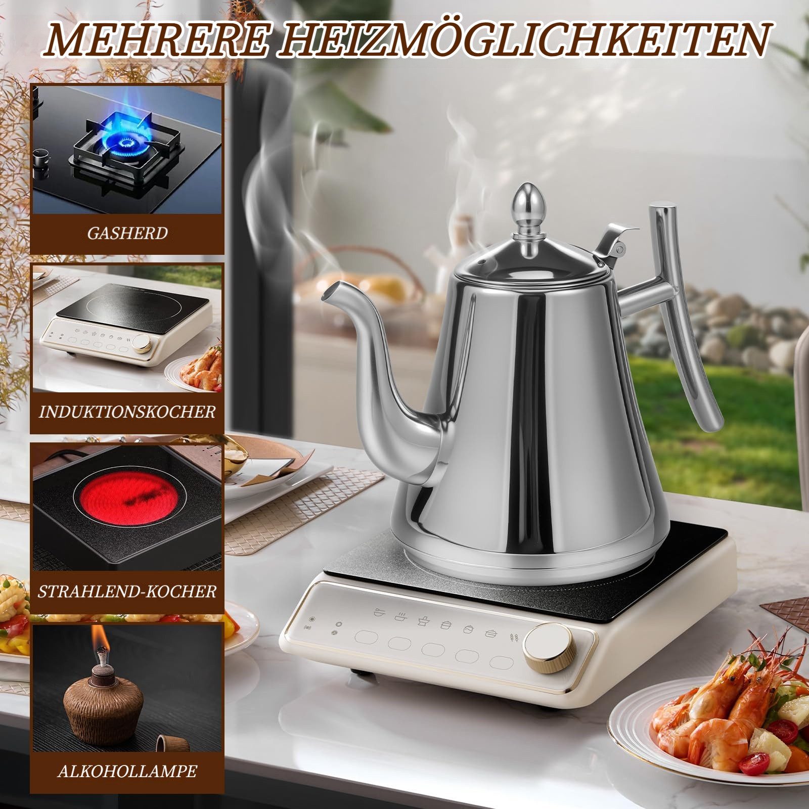 Tekoo Teekanne Teekanne Siebeinsatz 2000ml, mit Griff aus Metall für Induktion & Gas, Herausnehmbares Sieb, isolierter Griff, tropffreier Ausguss
