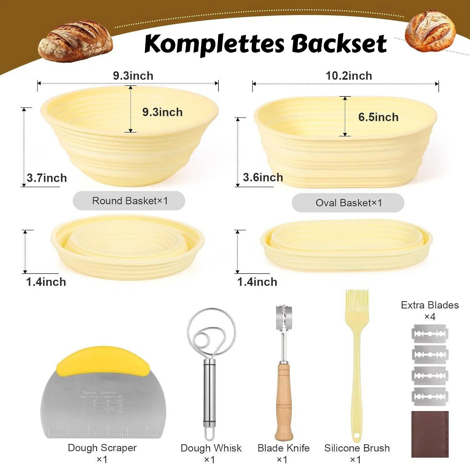 BlingBin Gärkorb 12-teiliges Faltbare Gärkörbchen für Brotbacken, Sauerteig Starter Set, (12er Set 2-tlg), Komplettset für die Brotherstellung – Ideal für Anfänger & Profis