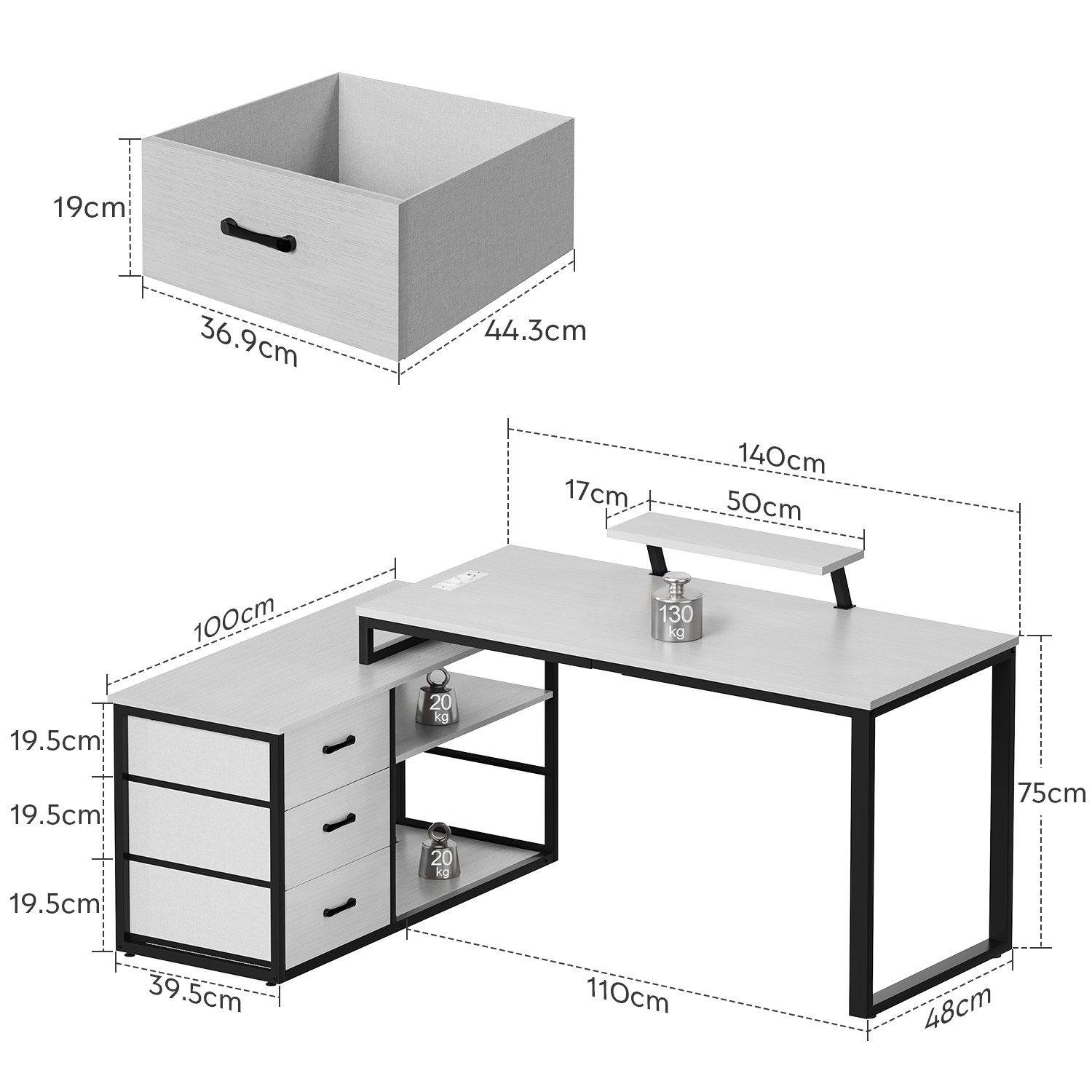 Furnicopia Eckschreibtisch 140cm mit Monitorarm, Computertisch mit drehbarer Tischplatte (Flexibel und schwenkbar, mit Steckdosen (2 Steckdosen + 2 USB-Anschlüsse), 3 großen Schubladen, 2 Ablageflächen)