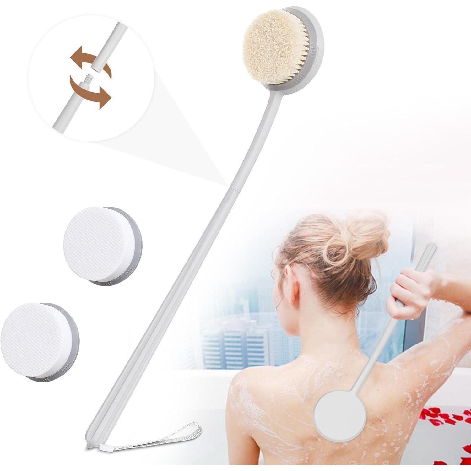 LuxusKollektion Badebürste Rückenbürste mit Langem Stiel Eincremehilfe Naturborsten Austauschbare