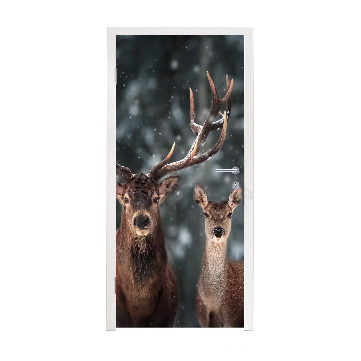 MuchoWow Türtapete Hirsche - Tiere - Winter - Geweih - Schnee - Natur, Matt, bedruckt, (1 St), Fototapete für Tür, Türaufkleber, 75x205 cm