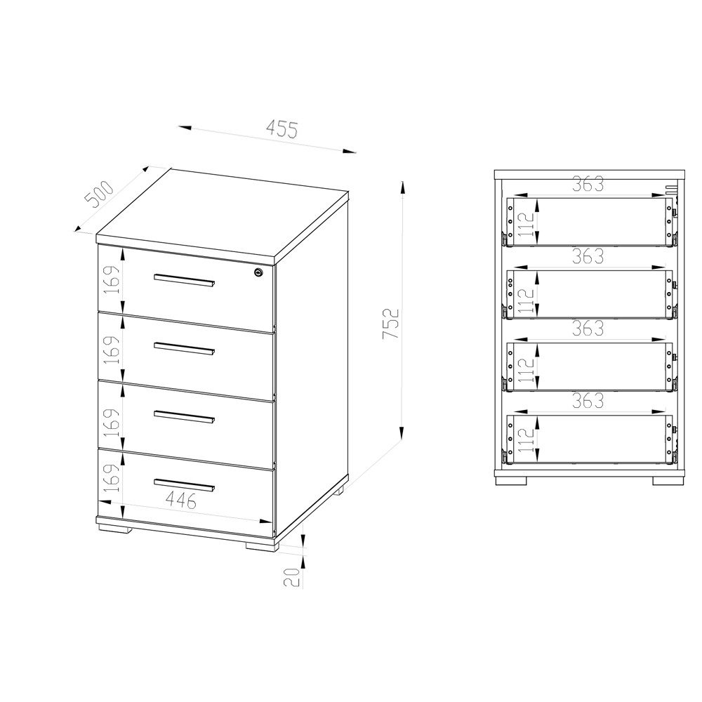 Lomadox Container ORLEANS-131 Aktenschrank Eiche oberer Schubkasten abschließbar 45,5x75,2x50 cm