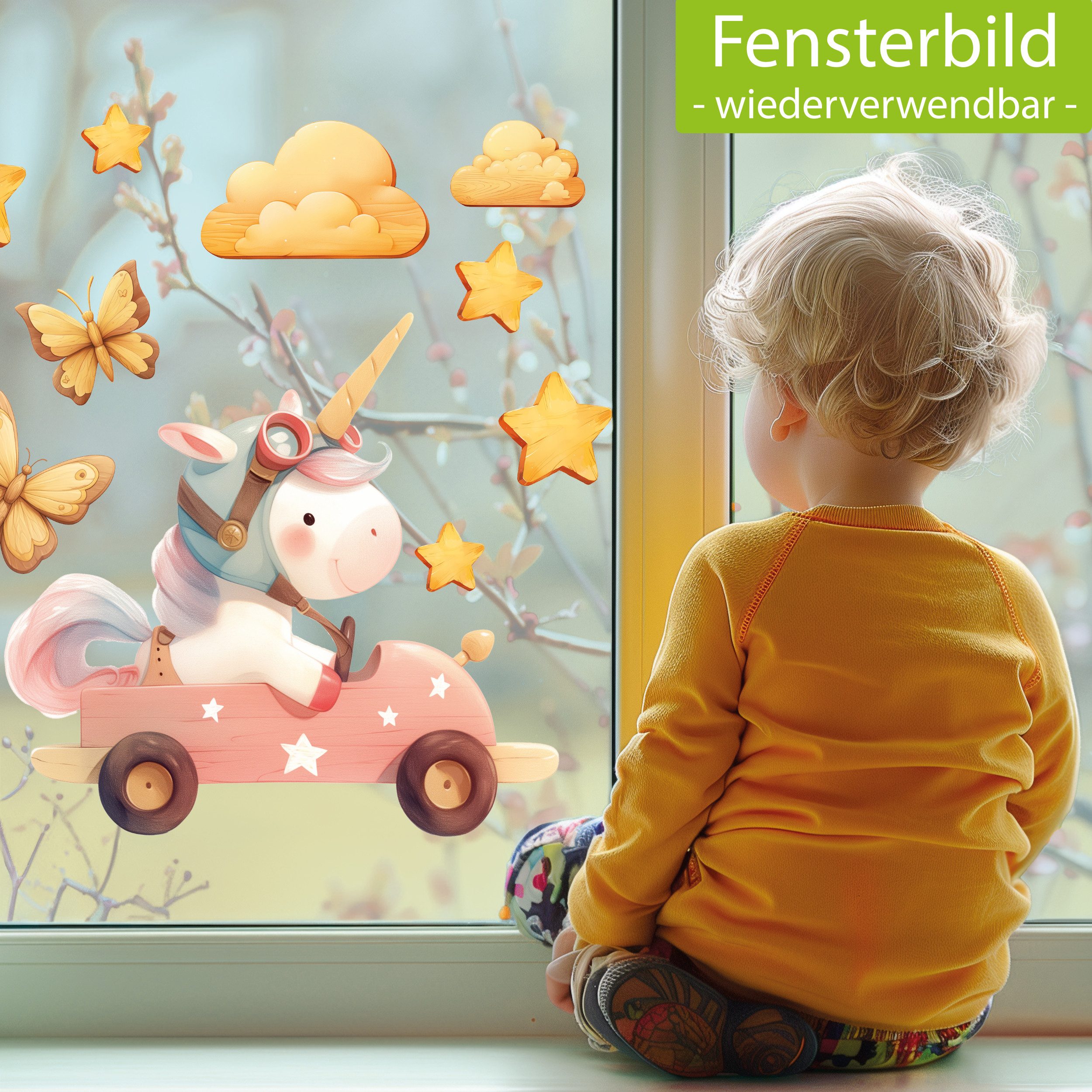 Sunnywall Fensterbild wiederverwendbares Fensterbild Einhorn in Rennauto in Holz-Optik, wiederverwendbar, statisch haftend, beidseitiger Druck
