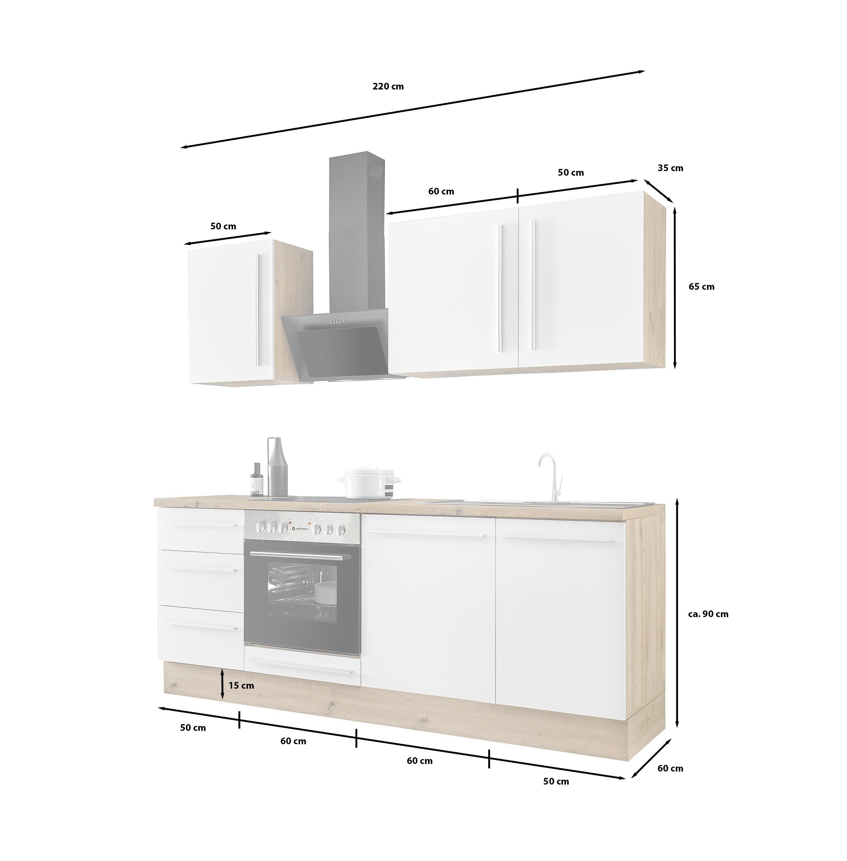 KOCHSTATION Küchenzeile KS-Florida mit 38mm starker Arbeitsplatte, Breite 220 cm, wahlweise mit E-Geräten, Soft-Close-Funktion