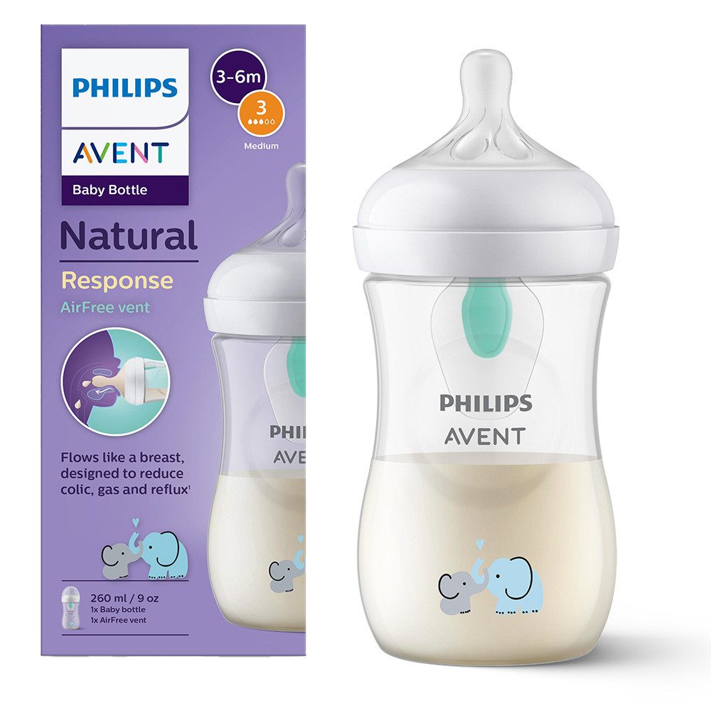 Philips AVENT Babyflasche Natural Response Babyflasche, mit AirFree Ventil, mittlere Durchflussrate