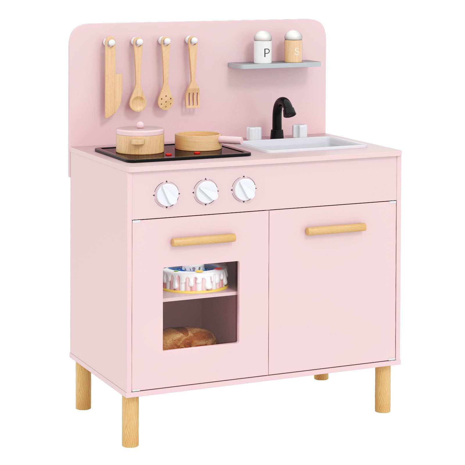 COSTWAY Spielküche, Kinderküche Holz mit Herd, Ofen & Zubehör