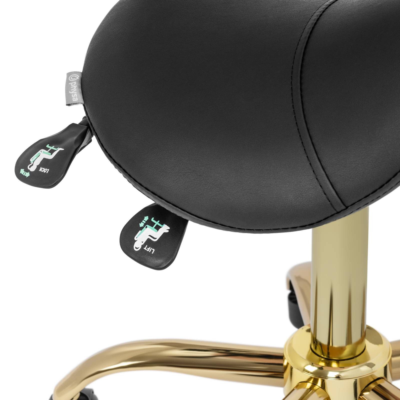 Physa Drehstuhl Sattelstuhl Sattelhocker mit Lehne Rollhocker Schwarz/Golden, Schwarz, Golden – Bild 2 von 5