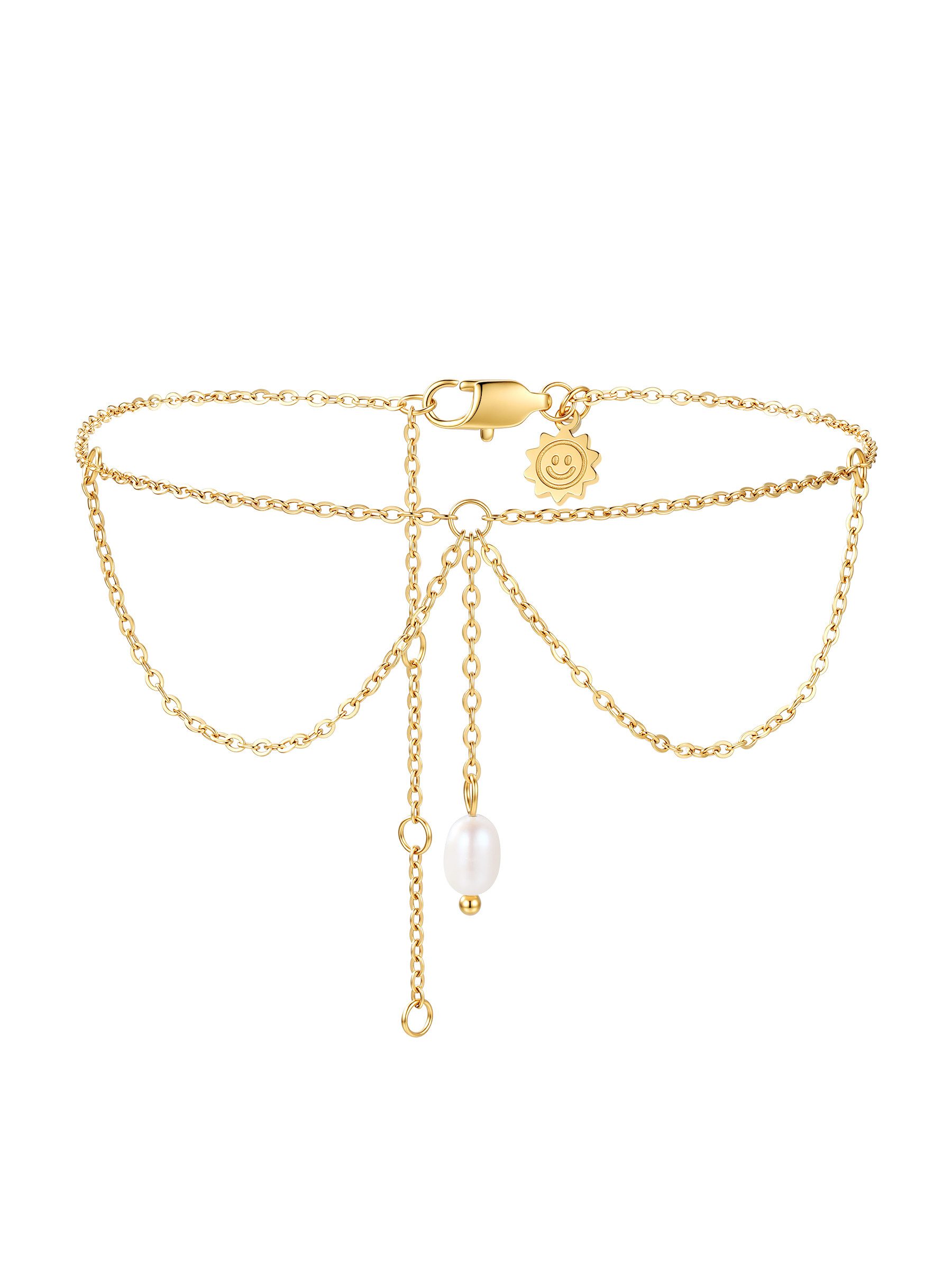 Hey Happiness Fußkette mit Anhänger Mehrlagiges Edelstahl-Fußkettchen mit Süßwasserperle, vergoldeter Damen Fußschmuck wasserfest für den Strand