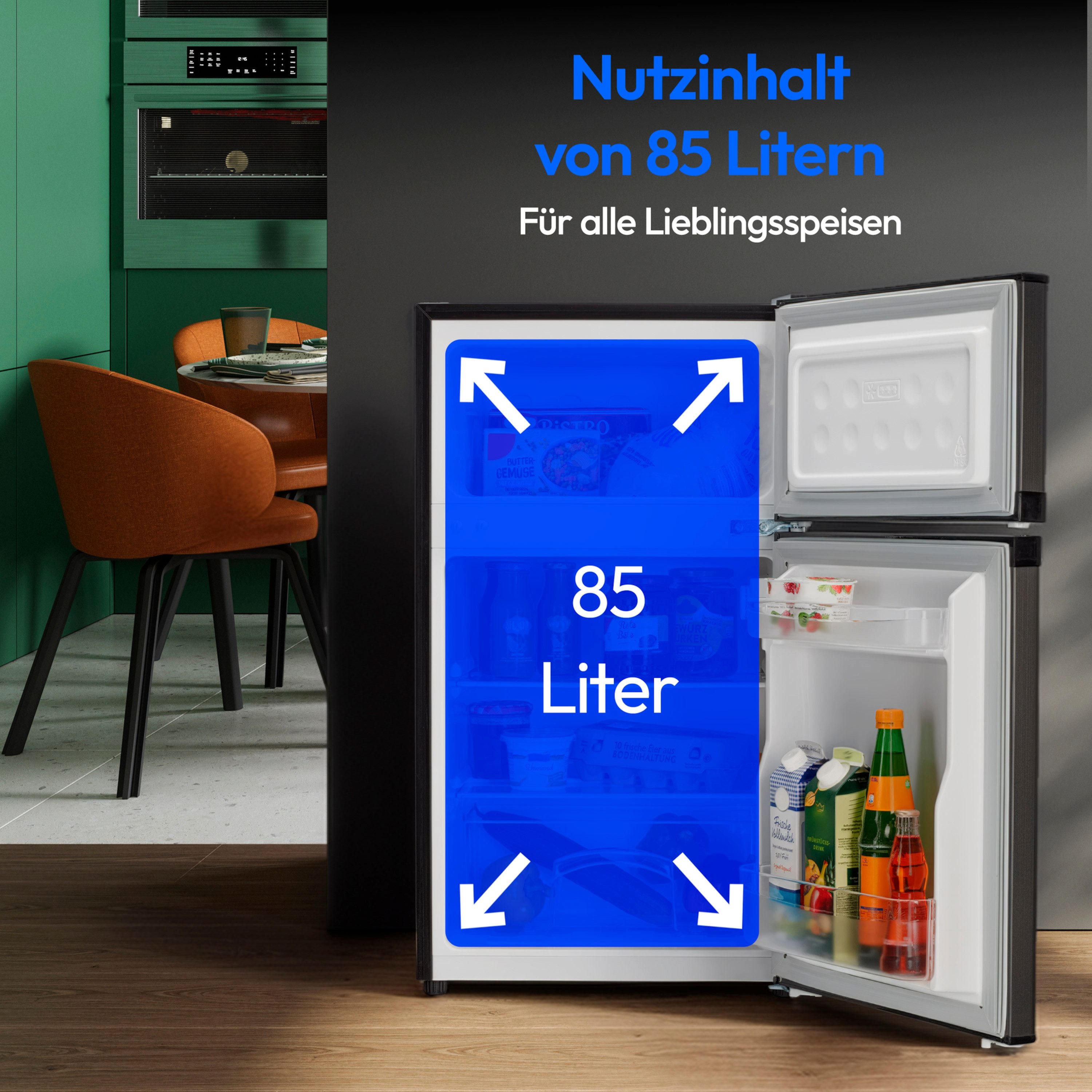 Medion® Kühl-/Gefrierkombination MD37689, 85 cm hoch, 48 cm breit, 85 Liter, 61L Kühlteil, 24L Gefrierteil, freistehend