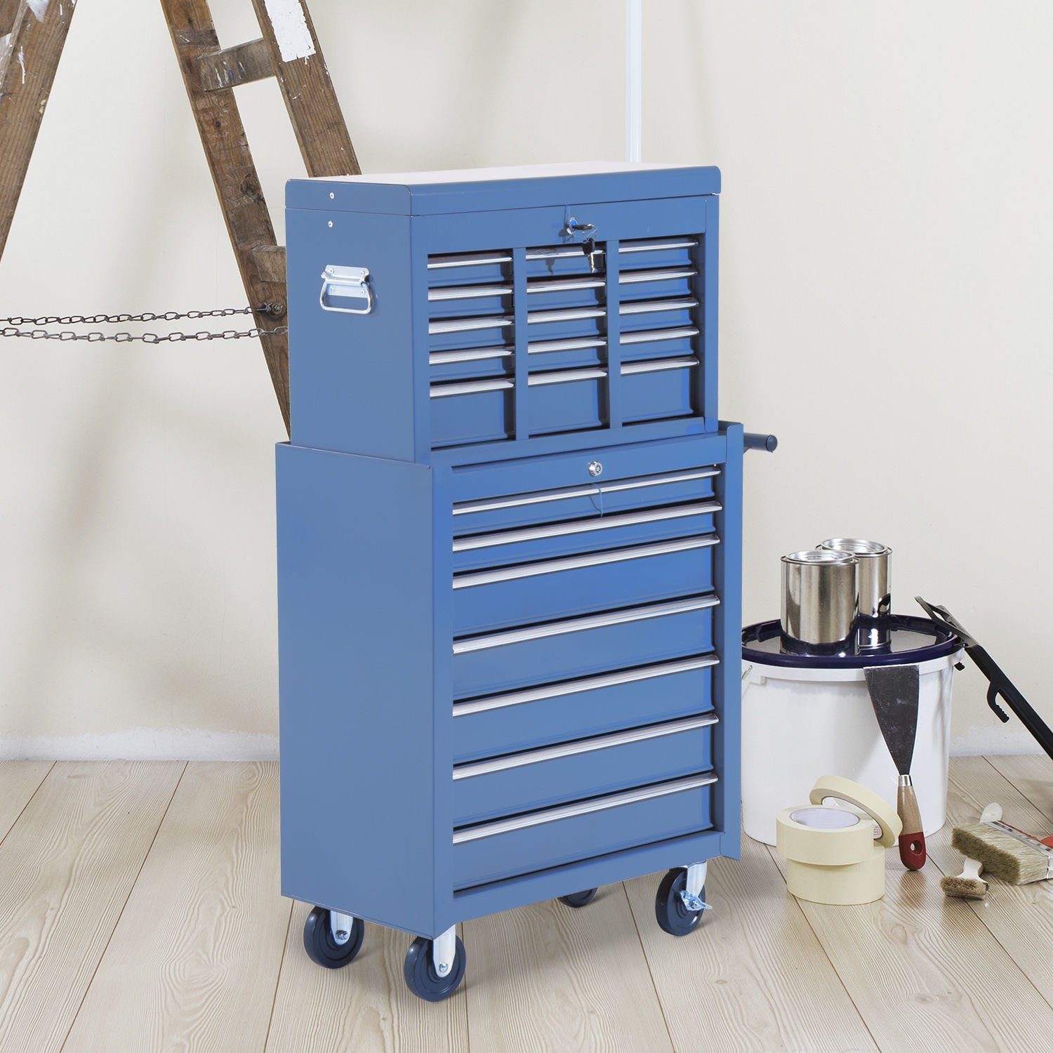 HOMCOM Тележка для мастерских Fahrbarer Werkzeugwagen, Mit Schubladen, max. Traglast:20 kg, 0-tlg. Werkzeugset, (Transportkarre, 1-tlg., Werkzeugkasten), Blau 61,5 x 33 x 113 cm