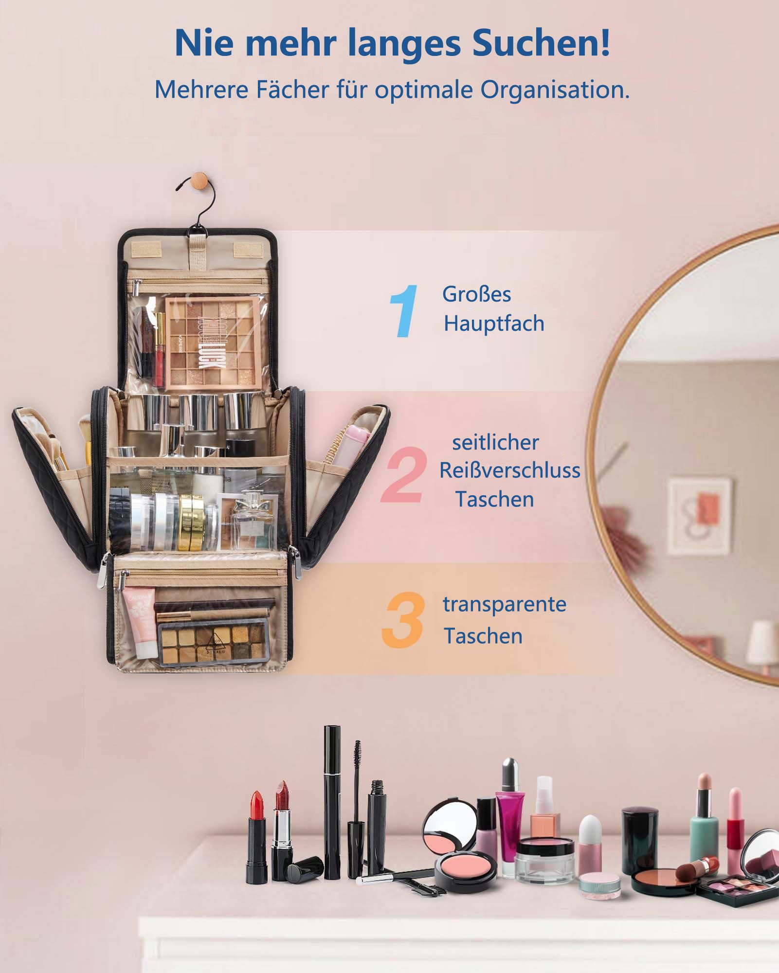 Zaewry Kosmetiktasche Kulturbeutel Damen, Kulturtasche zum Aufhängen, Toiletry Bag, Kosmetiktasche Reise Waschtasche Transparent für Makeup – Bild 3 von 5