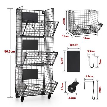 Yorbay Küchenregal 3 Stöckig Hängende Obstkorb Gemüseregal aus Metall, Rollenwagen, mit 3 Stockwerke, mit Rollen, mitS-Haken, mit abnehmbaren Schreibtafeln, Gemüselagerregal für Obst und Gemüse, für Küche, Speisekammer, Garage