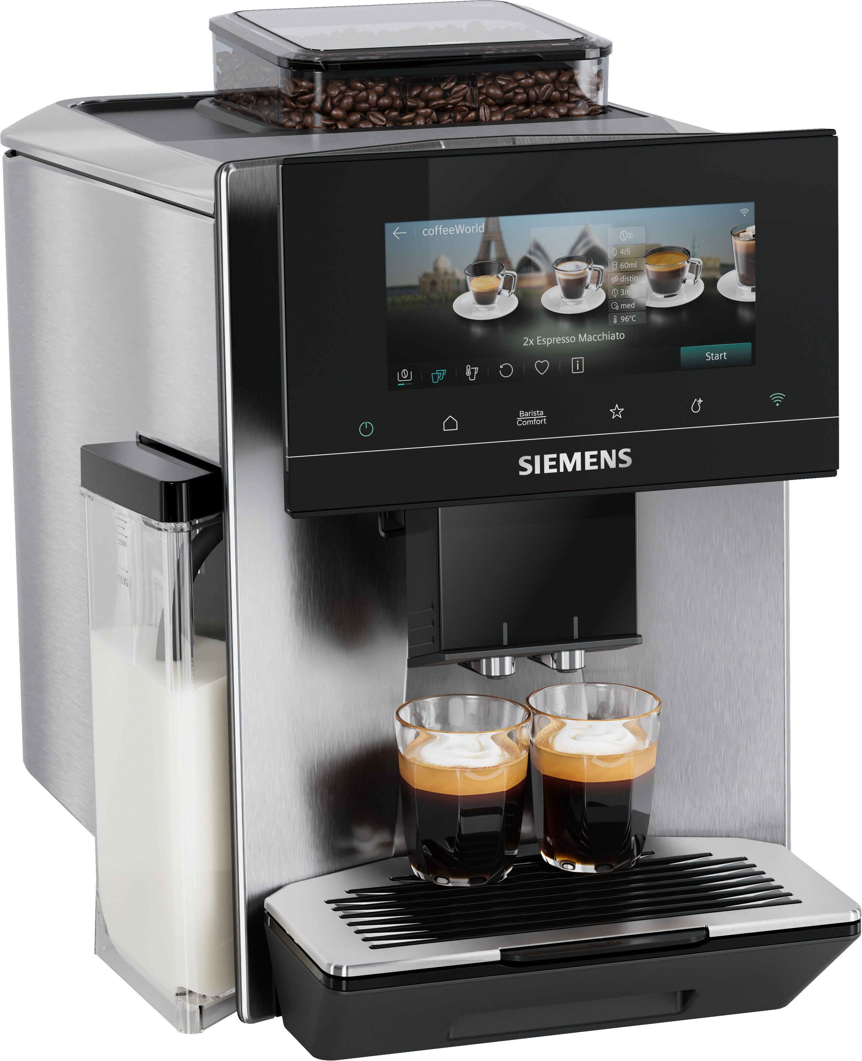 SIEMENS Kaffeevollautomat EQ900 TQ923E03, 41 versch. Getränke, XL-Getränke, Doppeltassenfunktion, farbiges 6.8'' TFT-Display, individuelle Aromaeinstellung, Edelstahl
