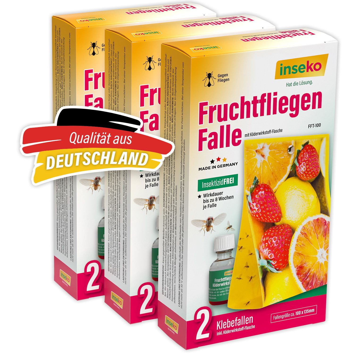 Inseko Insektenfalle 6x inseko Fruchtfliegen Falle I effektive Obstfliegenfalle, inkl. Fruchtfliegenköder und 2 Klebefallen je Packung
