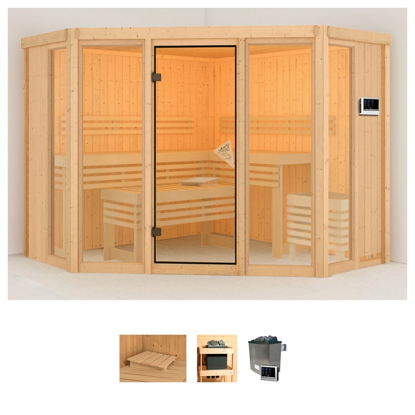 Karibu Sauna Astrid 2, BxTxH: 231 x 231 x 198 cm, 68 mm, (Set) Ofen 9 KW externe Strg easy