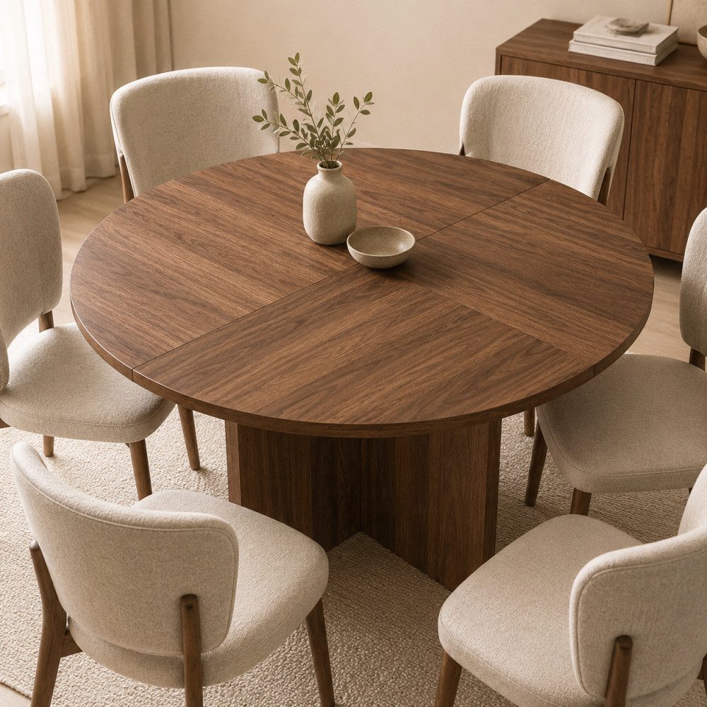 BBWL Esstisch für 4-6 Personen, skandinavisches Design, MDF-Tischplatte, Runder Esstisch 120x120 cm, vielseitiger Küchentisch