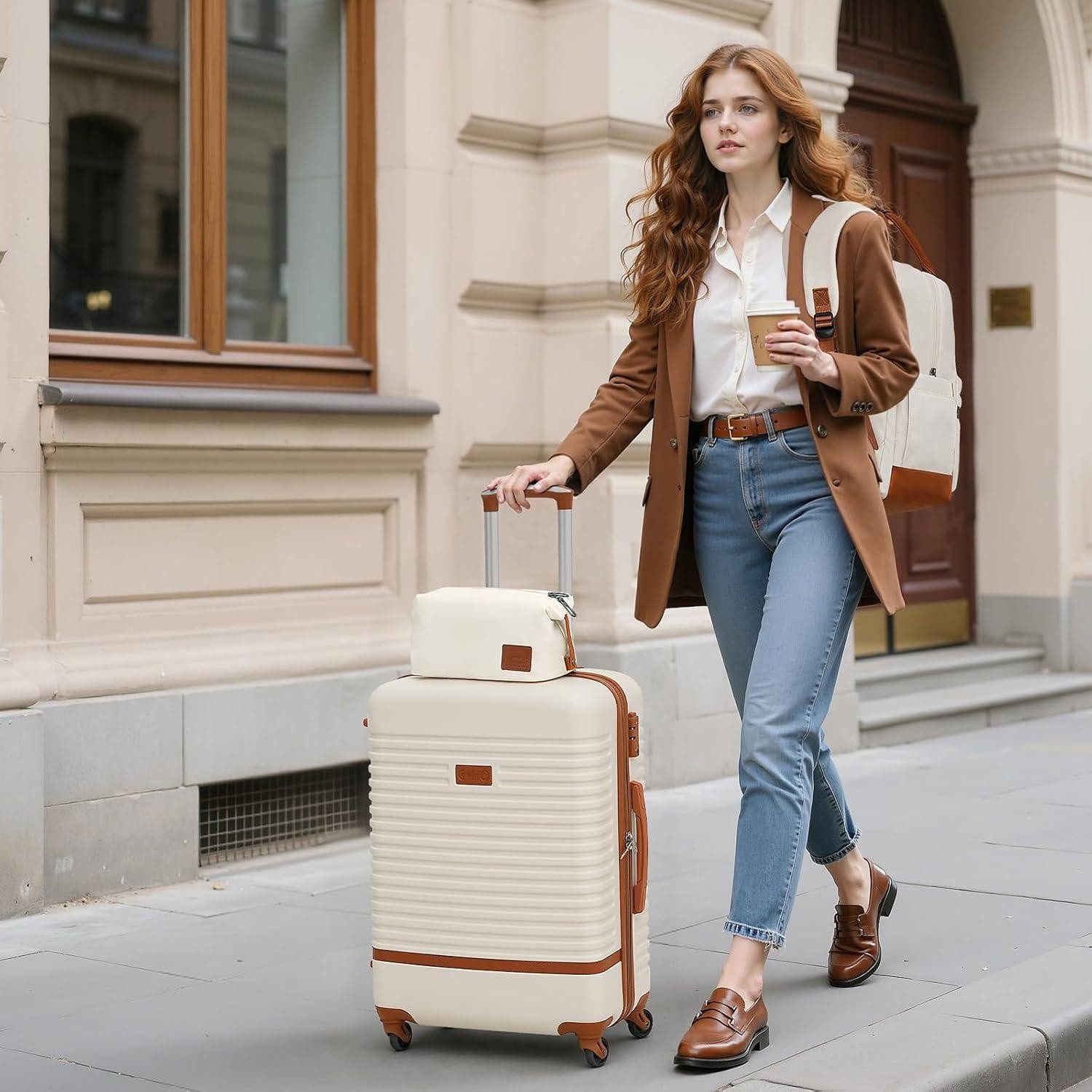 LuxusKollektion Kofferset Hartschalen Koffer 3tlg Set Grau/Rosa, TSA-Schloss, Reiserucksack