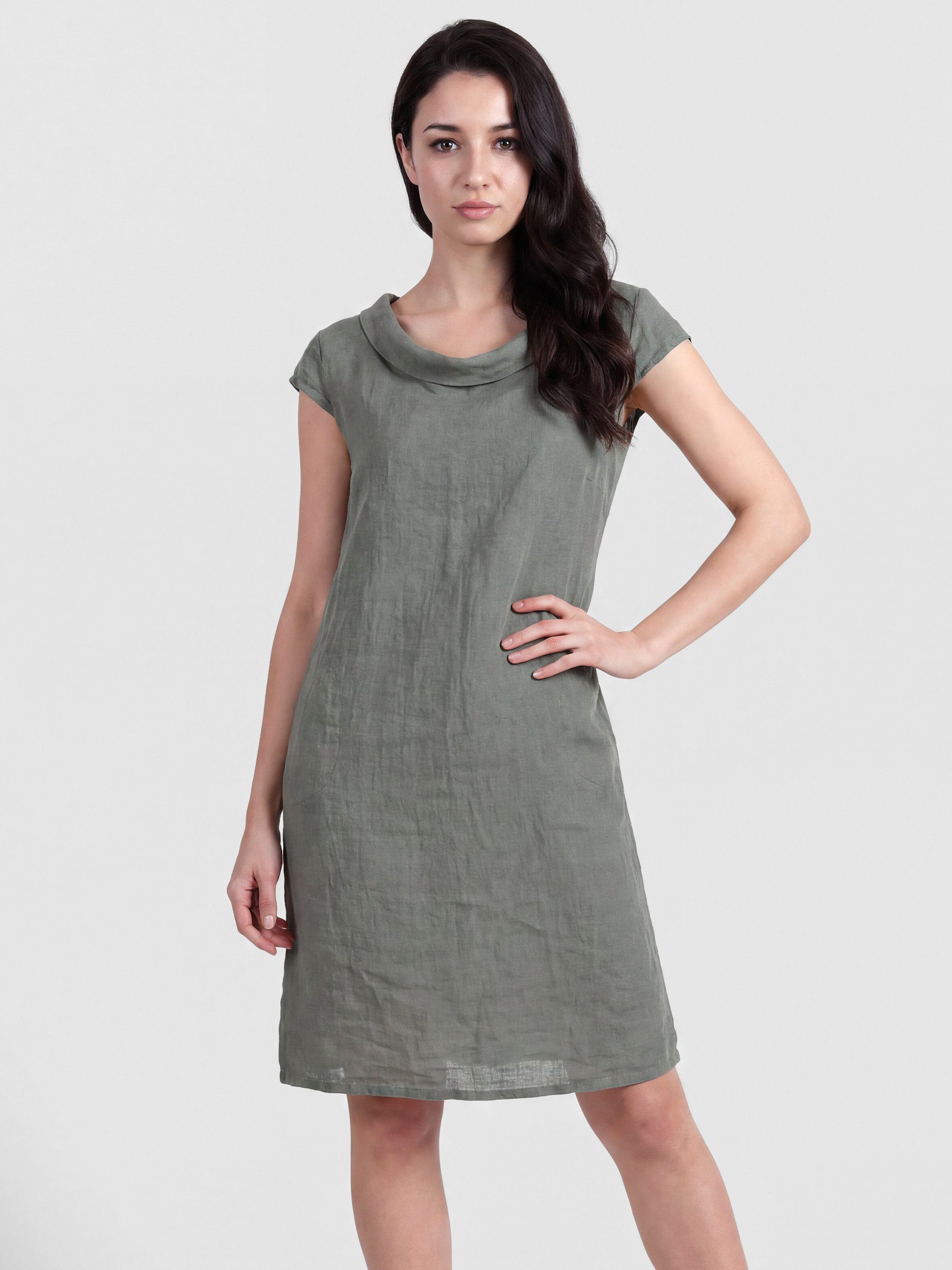 PEKIVESSA Sommerkleid Knielanges Leinenkleid kurzarm elegant mit breitem Umschlagkragen