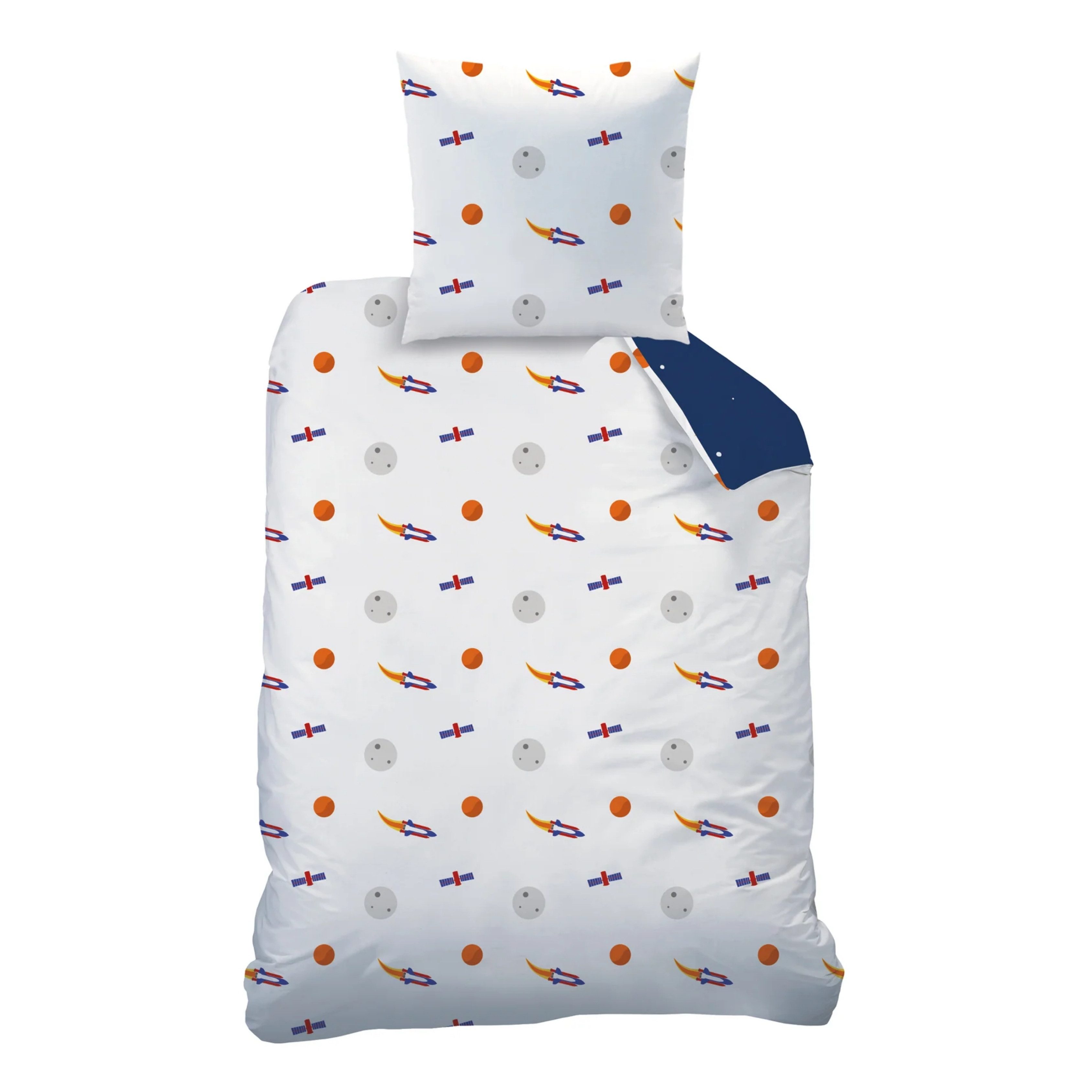 MTOnlinehandel Kinderbettwäsche Rakete Planeten Weltall 135x200 + 80x80 cm, 100 % Baumwolle, Renforcé, 2 teilig, hochwertige Bettwäsche für Mädchen und Jungen