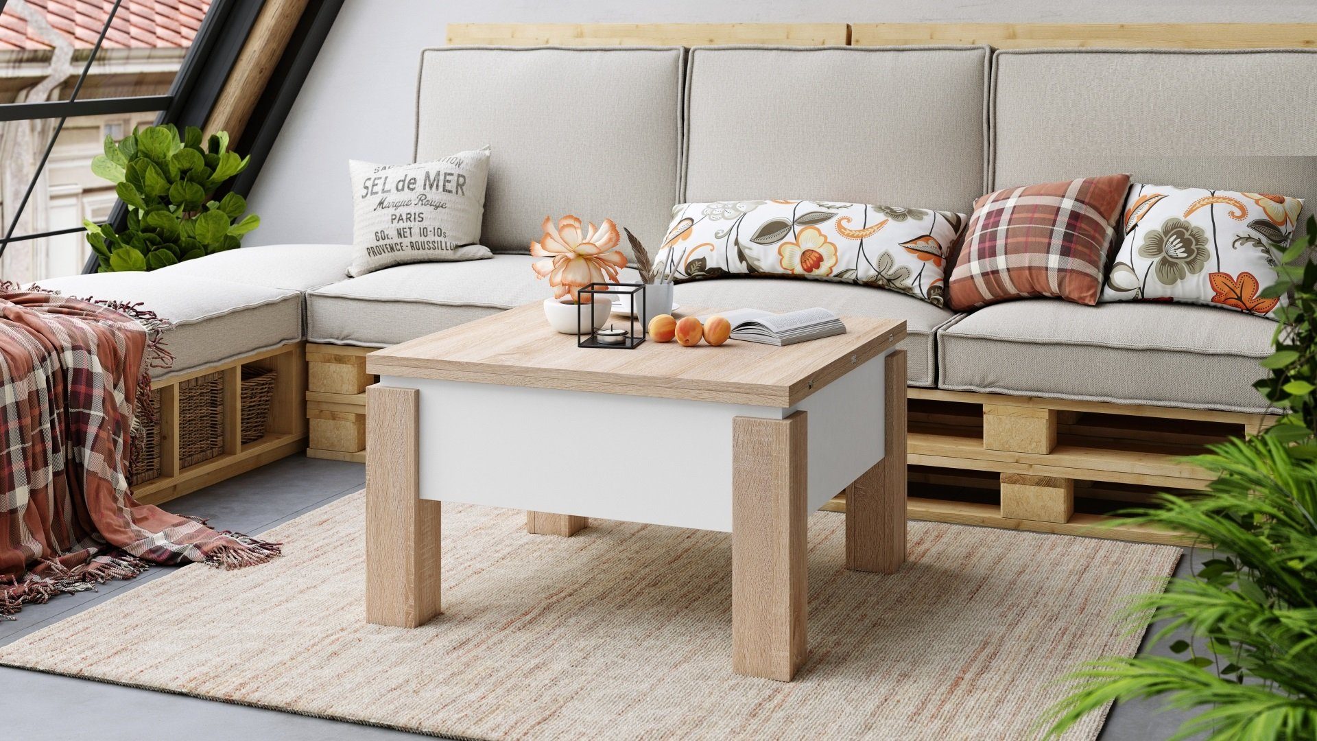 designimpex Couchtisch Design Couchtisch Tisch Oslo höhenverstellbar aufklappbar Esstisch Sonoma Eiche / Weiß matt