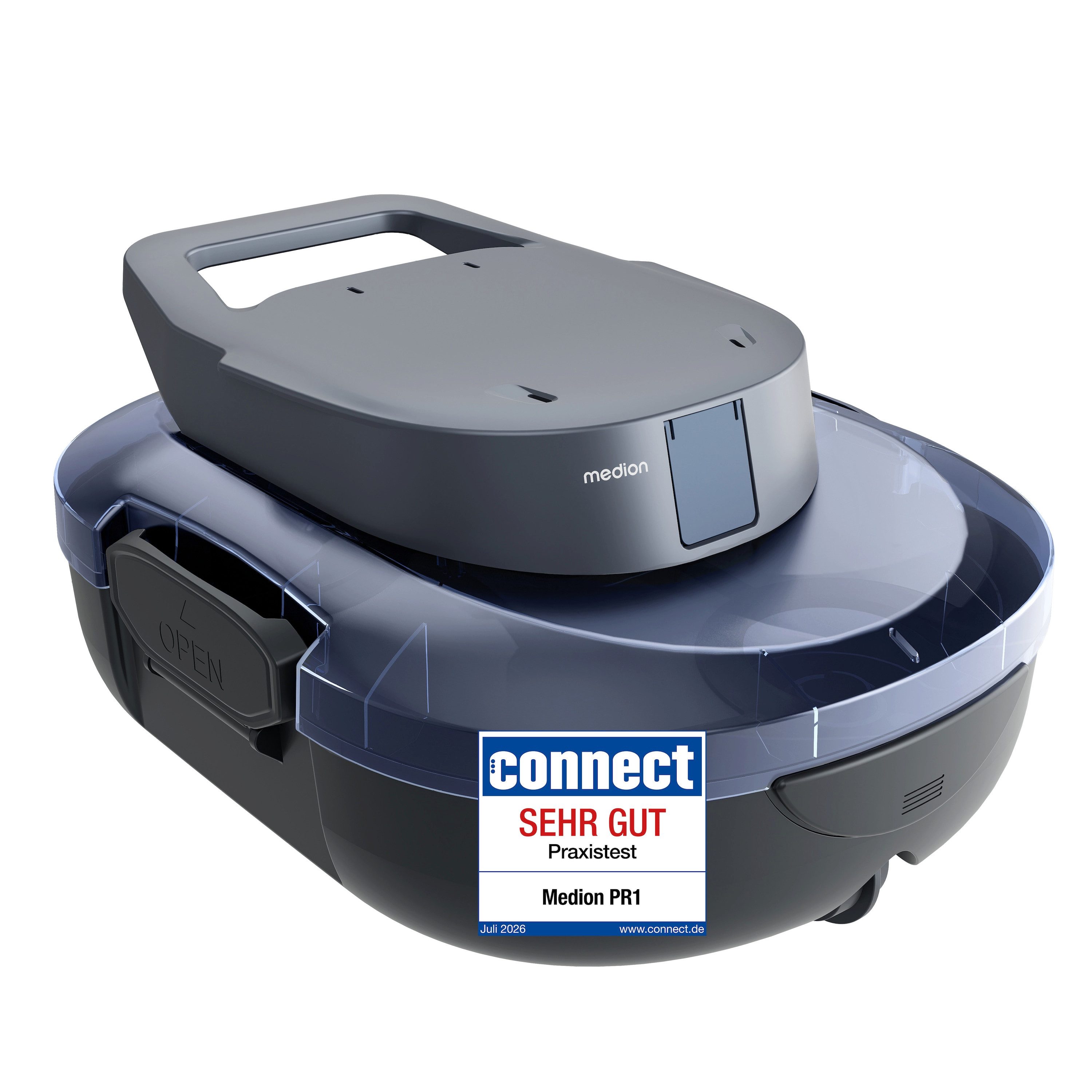 Medion® Poolroboter Poolroboter PR1, (Packung, 1-St., Poolroboter (MD 100108), 	Ladegerät, 	Haken), Bodenreinigung für Pools, One-Click-Bedienung, Selbstparkfunktion
