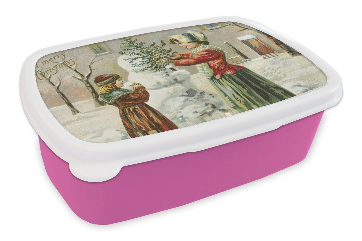 rosa Kunststoff Weihnachtskarte, (2-tlg), Weihnachten Schnee Mädchen, Brotdose Brotbox Erwachsene, Lunchbox Snackbox, - - für Kunststoff, Kinder, MuchoWow