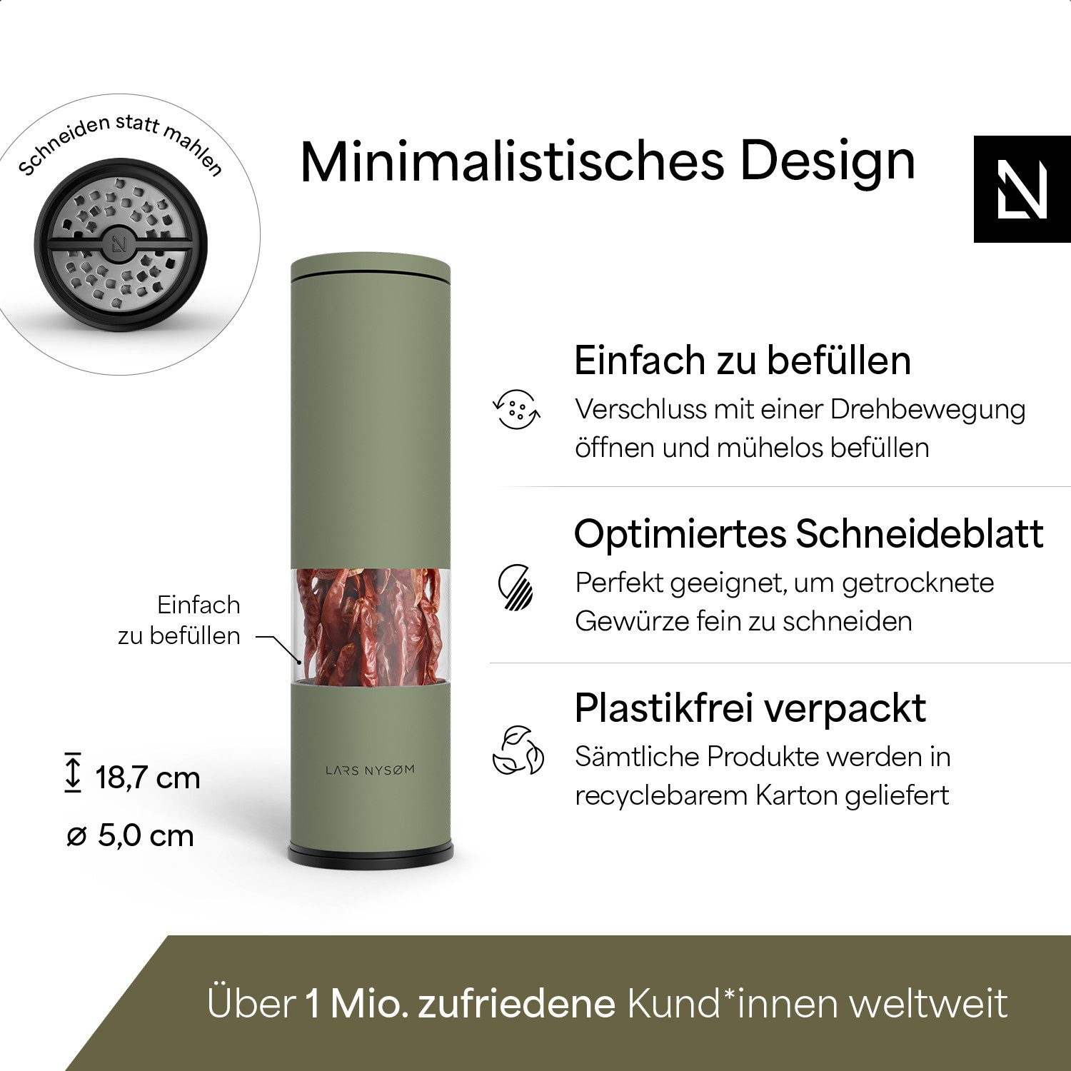 LARS NYSØM Gewürzmühle Lagom Chili, (1 Stück), hochwertiges Schneideblatt aus Edelstahl perfekt für Chili – Bild 4 von 5