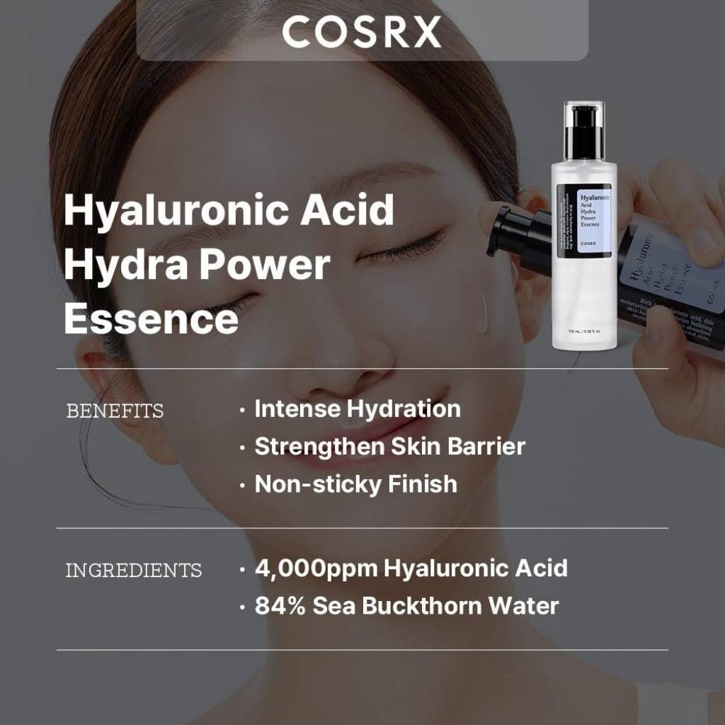 Cosrx Gesichtsserum Hyaluronic Acid Hydra Power Essence 100 ml – feuchtigkeitsspendende Gesichtsessenz mit Hyaluronsäure & Sanddornwasser für, trockene, empfindliche Haut – ölfrei, leichte Geltextur