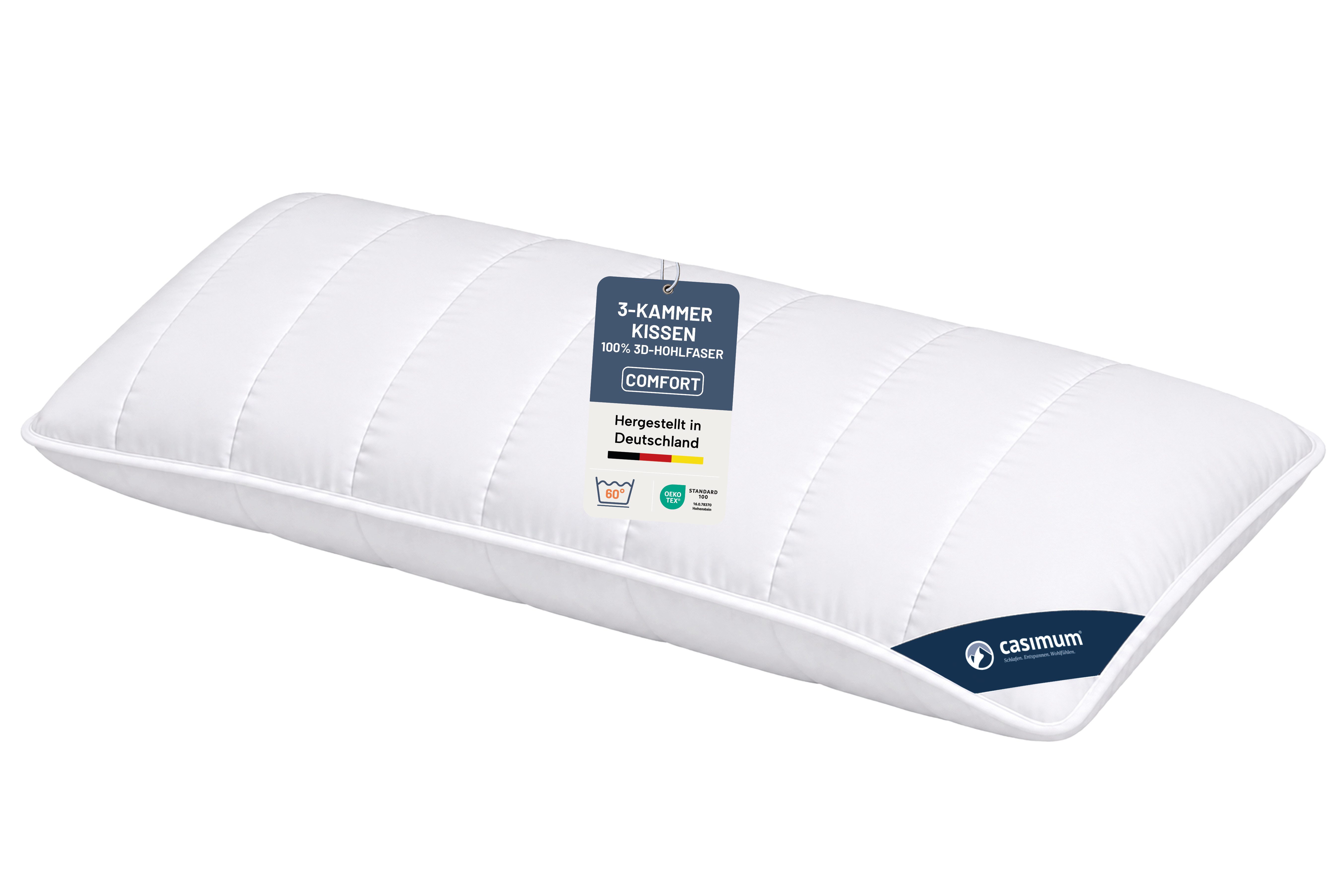 casimum 3-Kammer-Kopfkissen COMFORT Kissen 3D-Hohlfaser (Außen), Füllung: 3D-Hohlfaser, 100% Polyester (Außenkammer), Bezug: 100 % Baumwolle, Rückenschläfer, Seitenschläfer, pflegeleicht & komfortabel, weiches Kopfkissen 80x80, Kissen 40x80cm