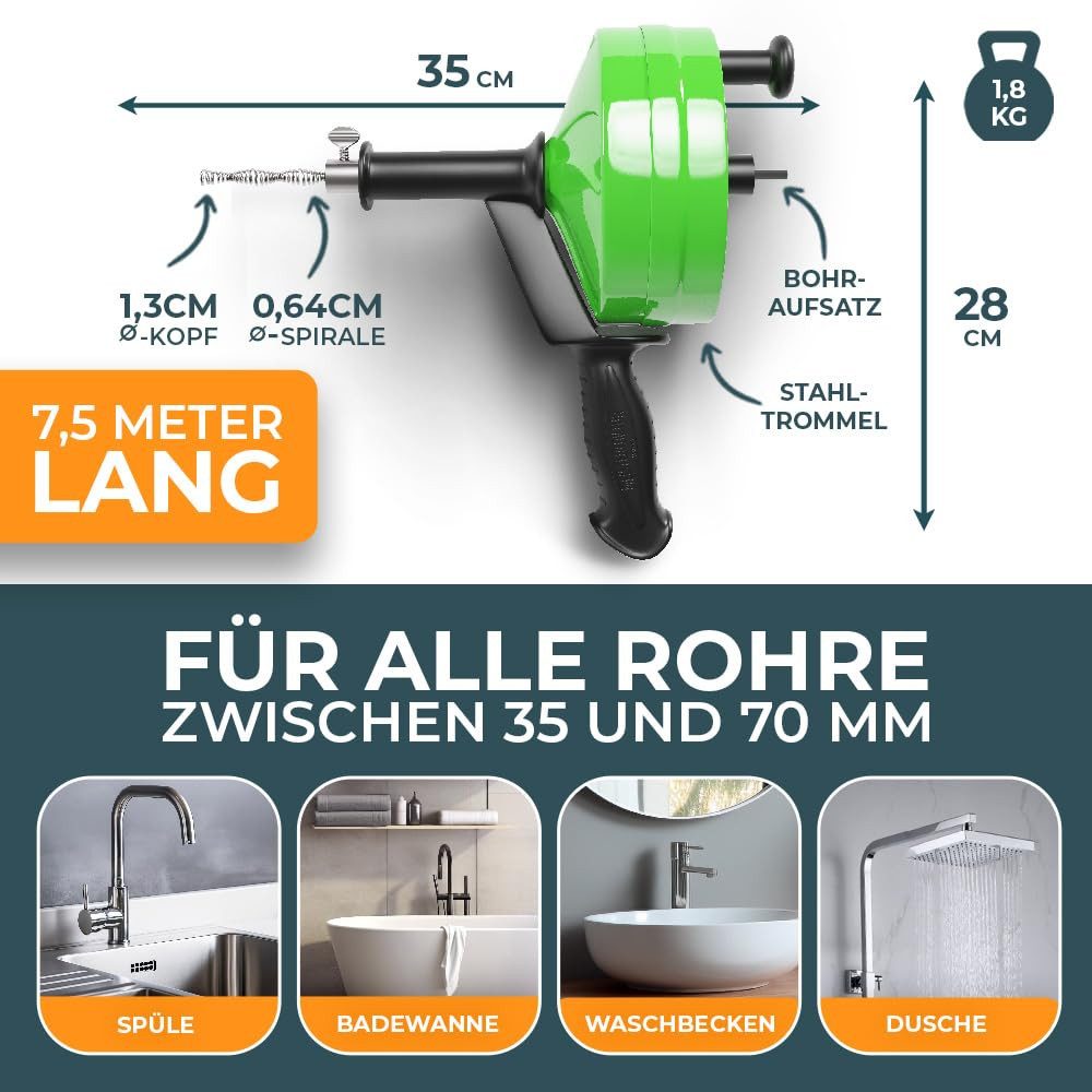 Meisterfaktur Rohrreinigungsspirale [7,5M] - mit Bohraufsatz - Ideale Abflussspirale (7,5M - 0,64CM), L: 750 cm – Bild 5 von 5