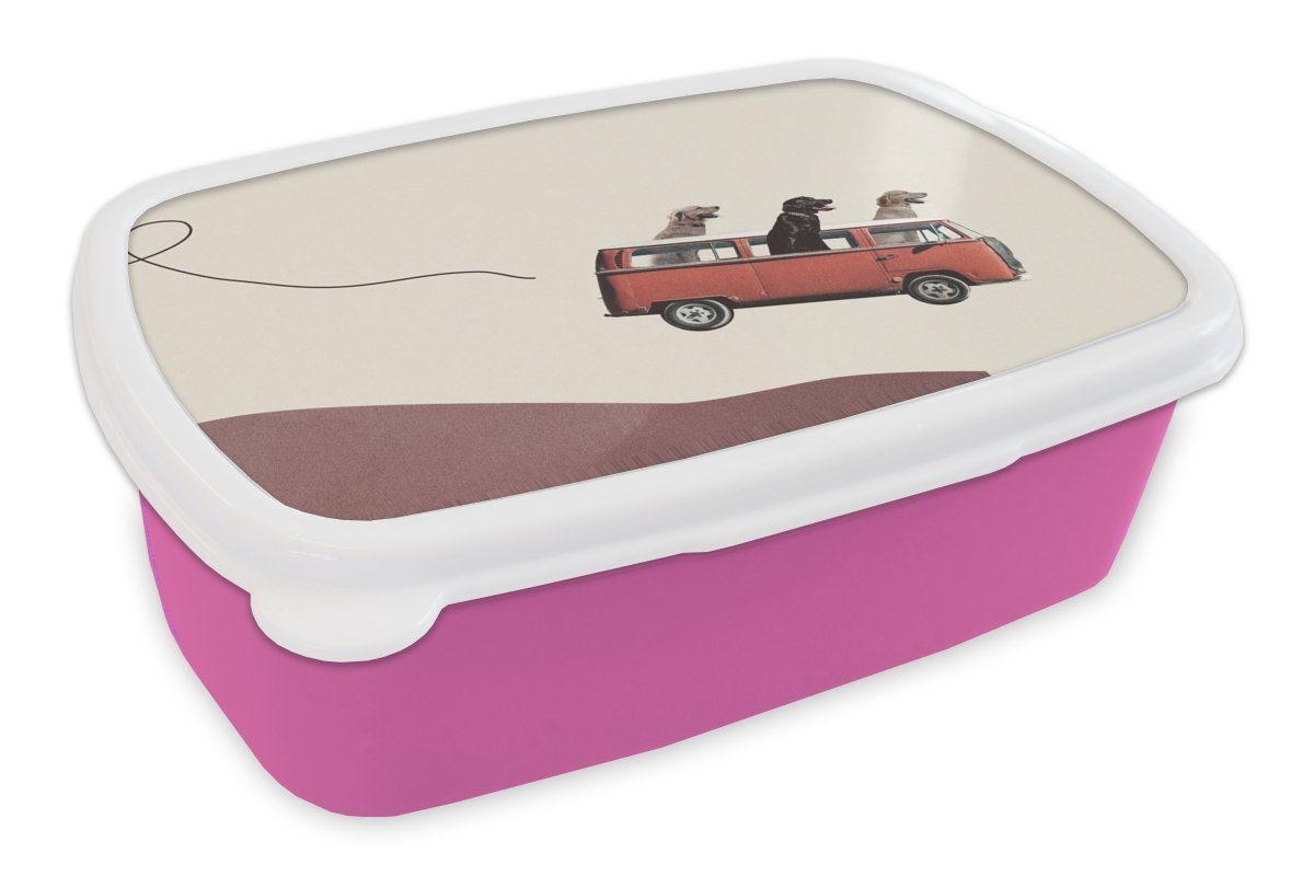 MuchoWow Lunchbox Hund - Retro - Bus, Kunststoff, (2-tlg), Brotbox für Erwachsene, Brotdose Kinder, Snackbox, Mädchen, Kunststoff rosa